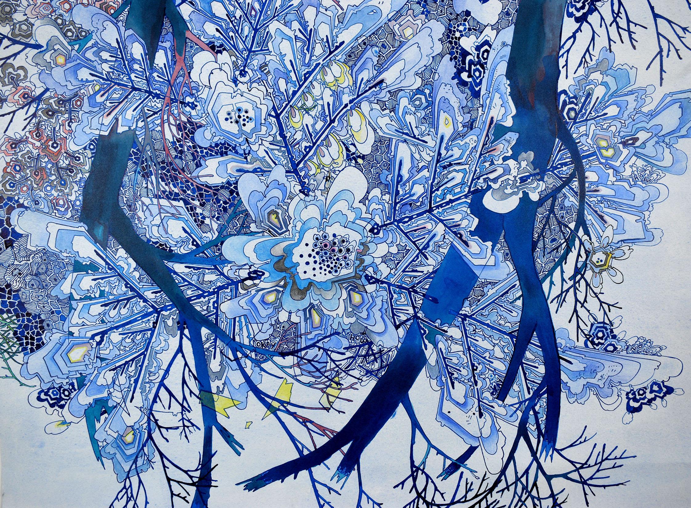 Landing, Cobalt Blue, Burgundy, Yellow, Green, Pink, Gray Detailed Drawing, Tree - Contemporary Art by Sarah Morejohn