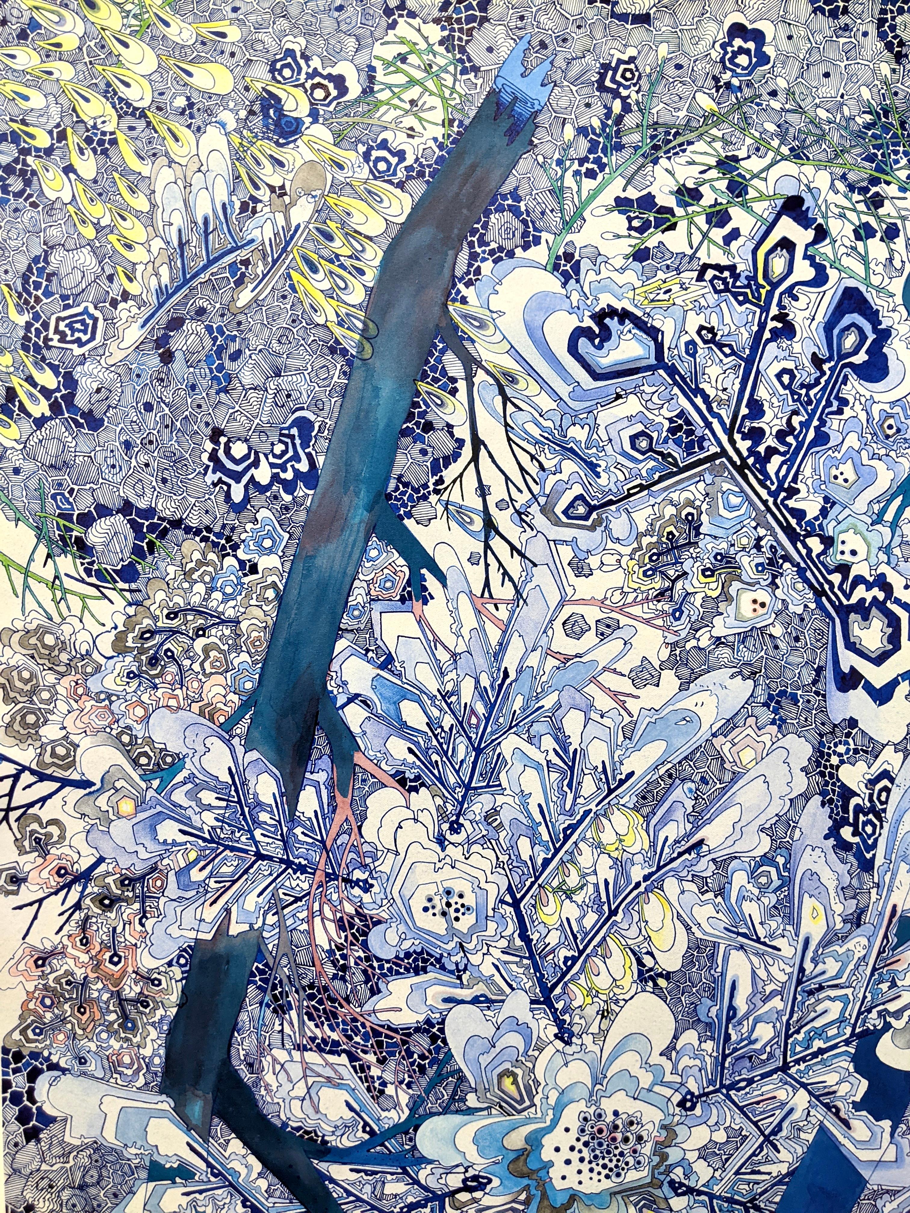 Landung, Kobaltblau, Burgunderrot, Gelb, Grün, Rosa, Grau Detailzeichnung, Baum (Blau), Abstract Drawing, von Sarah Morejohn