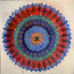 Primavera Pop 28C, rouge, bleu cobalt, sarcelle, jaune, Mandala géométrique abstrait