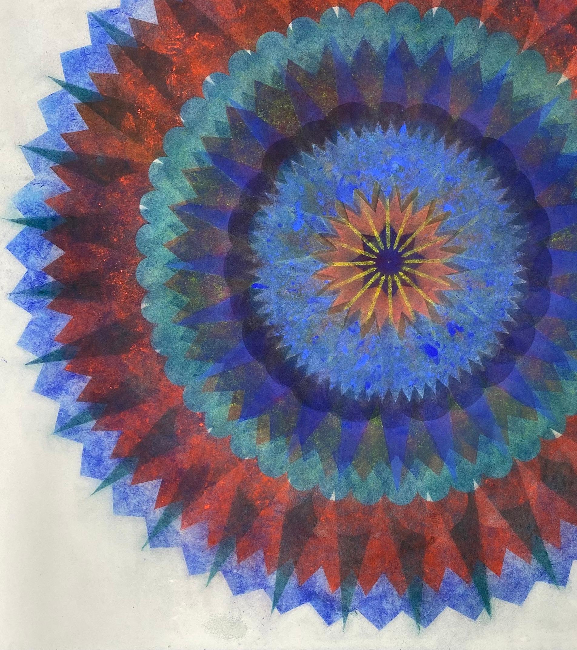 Primavera Pop 28C, Red, Cobalt Blue, Teal, Yellow Geometric Abstract Mandala - Contemporary Art by Mary Judge