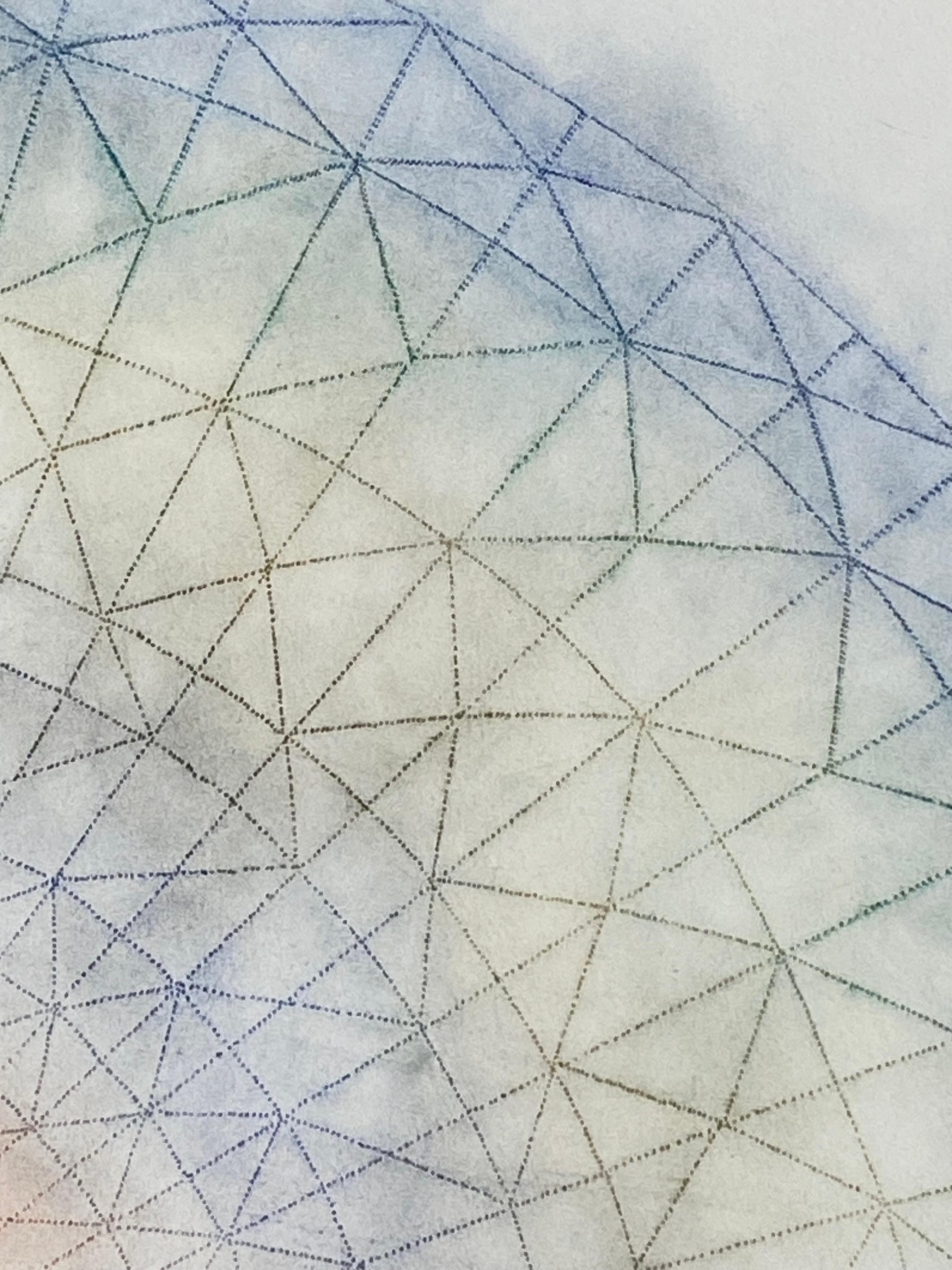 This multicolored drawing has a beautiful, soft mottled texture created with Judge's unique powered pigment technique. Primavera Pop 27 is a predominately blue and green mandala shape with orange and red at the center creating an intricately layered