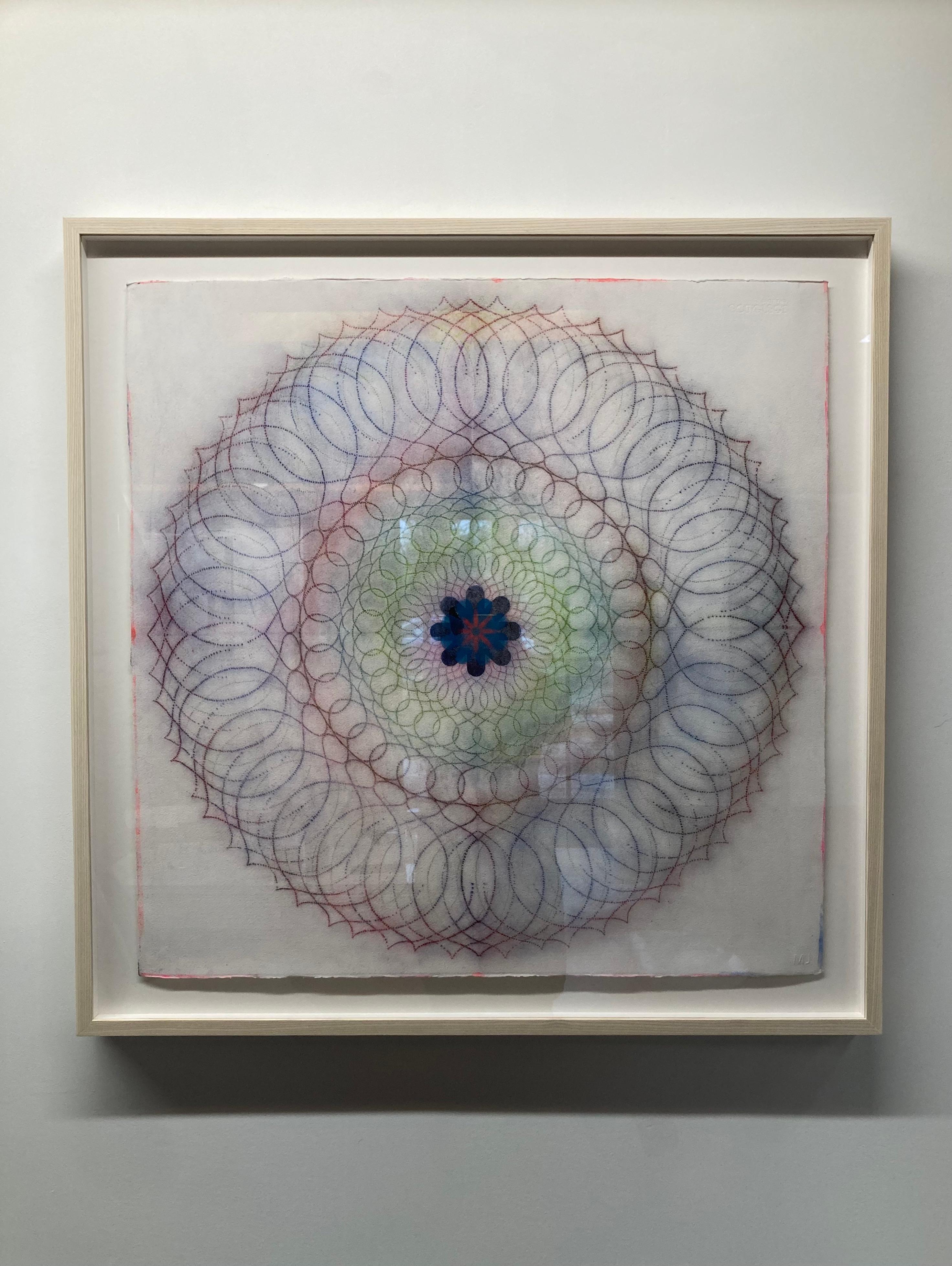 Primavera Pop 29, Maroon, Green, Charcoal, Blue Geometric Abstract Mandala - Contemporary Art by Mary Judge