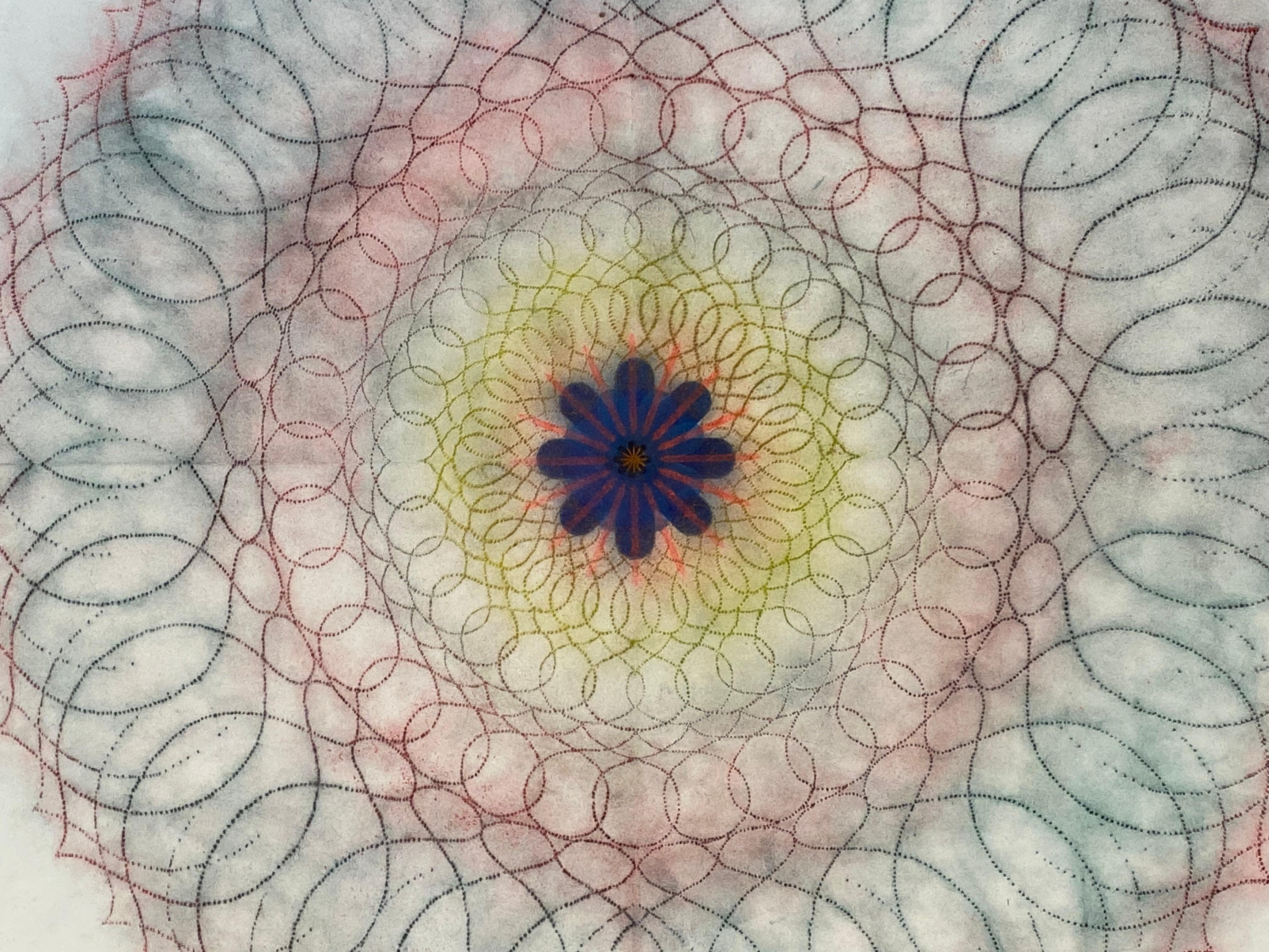 This multicolored drawing has a beautiful, soft mottled texture created with Judge's unique powered pigment technique. Primavera Pop 29 is a predominately dark red and dark navy mandala shape with green, blue, dark red and bright yellow and orange