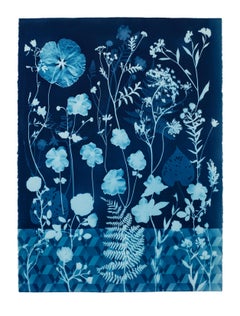 Peinture cyanotype - Anemones, Rose de Sharon, Peinture botanique, Bleu indigo