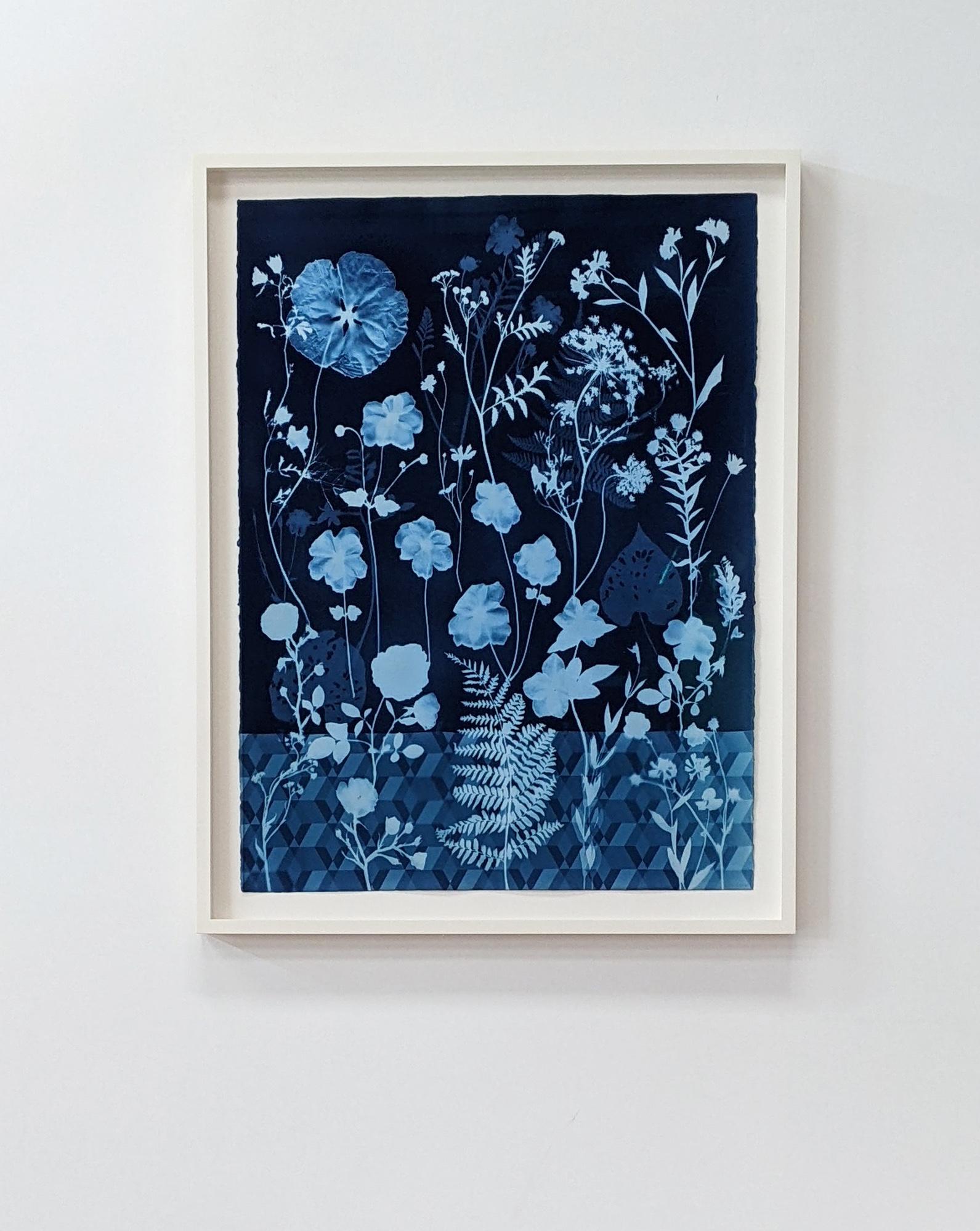 Cyanotype Painting Anemones, Rose of Sharon, Botanical Painting, Indigo Blue - Contemporary Art by Julia Whitney Barnes