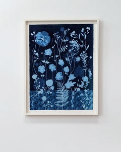 Cyanotype Painting Anemones, Rose of Sharon, Botanical Painting, Indigo Blue