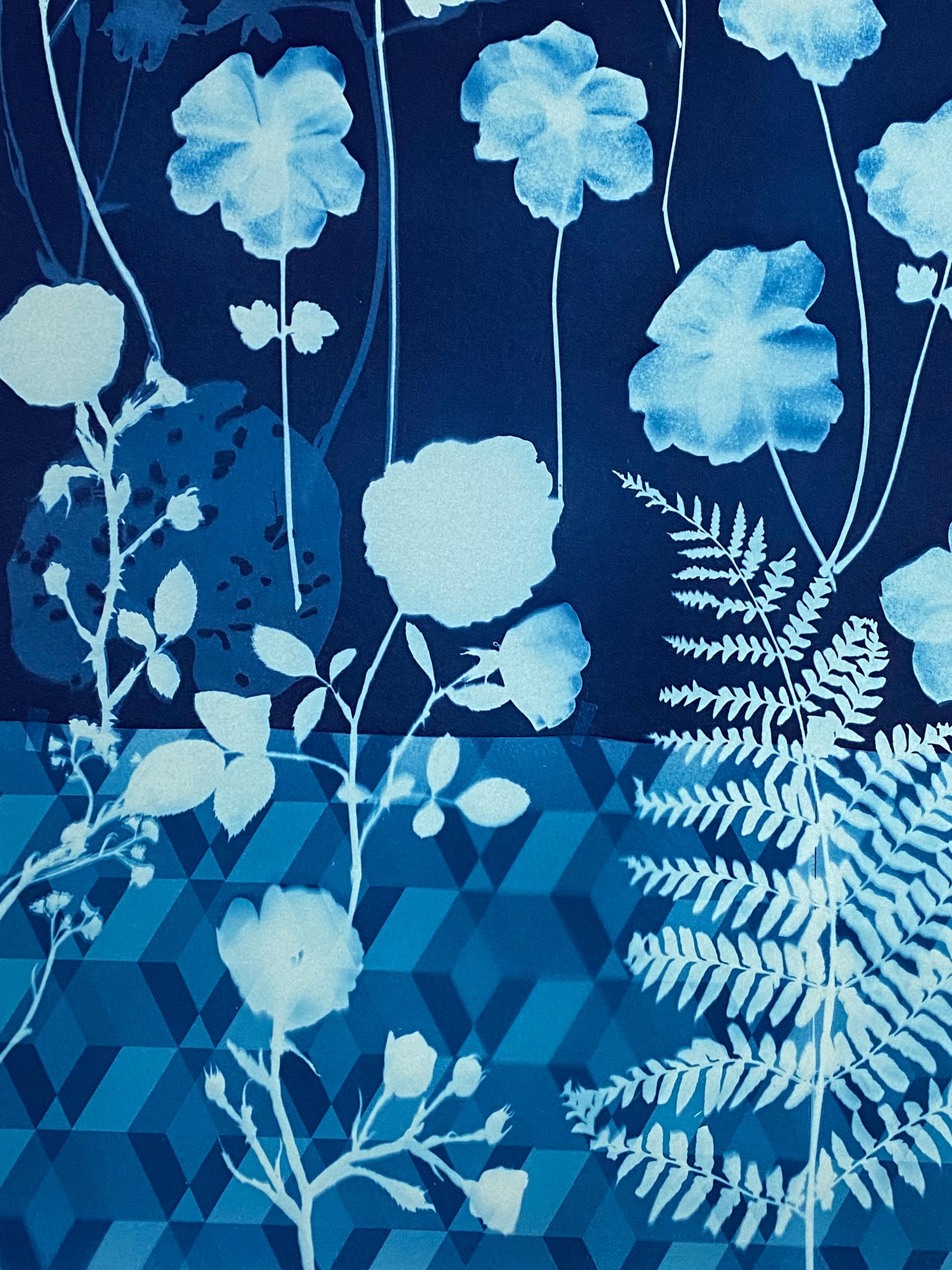 Cyanotype Painting Anemones, Rose of Sharon, Botanical Painting, Indigo Blue For Sale 5