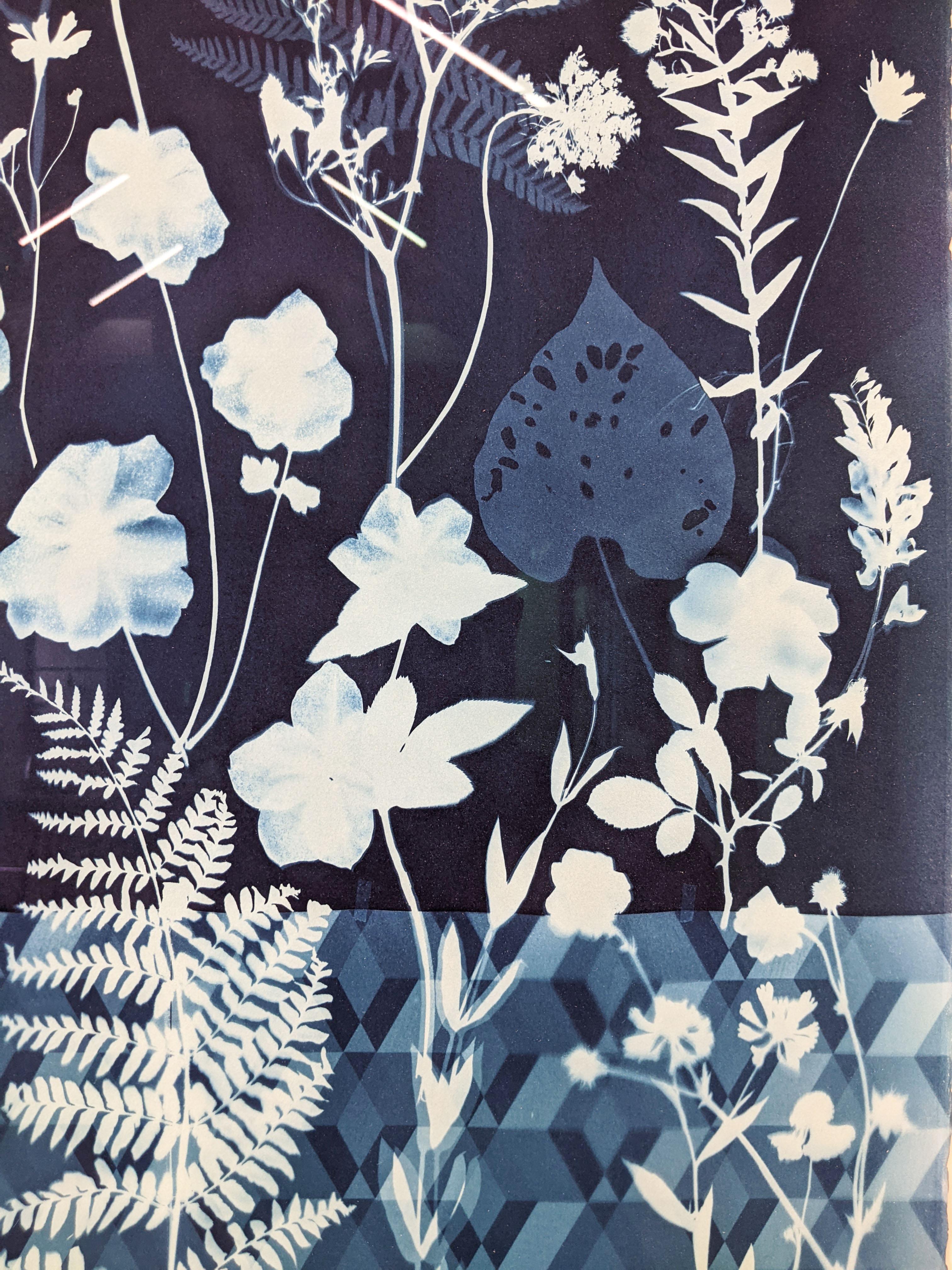 Cyanotype Painting Anemones, Rose of Sharon, Botanical Painting, Indigo Blue For Sale 9