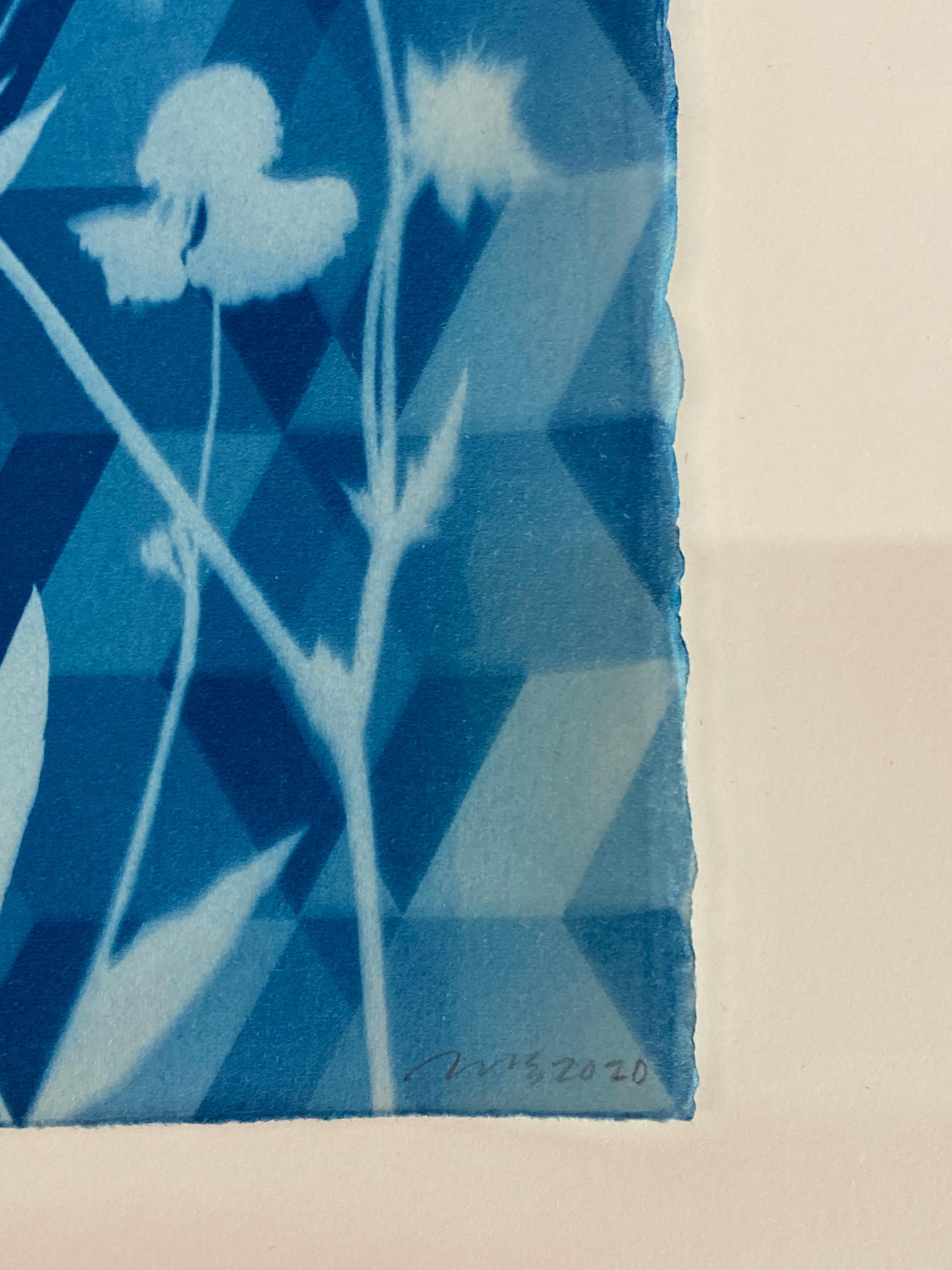 Cyanotype Painting Anemones, Rose of Sharon, Botanical Painting, Indigo Blue For Sale 11