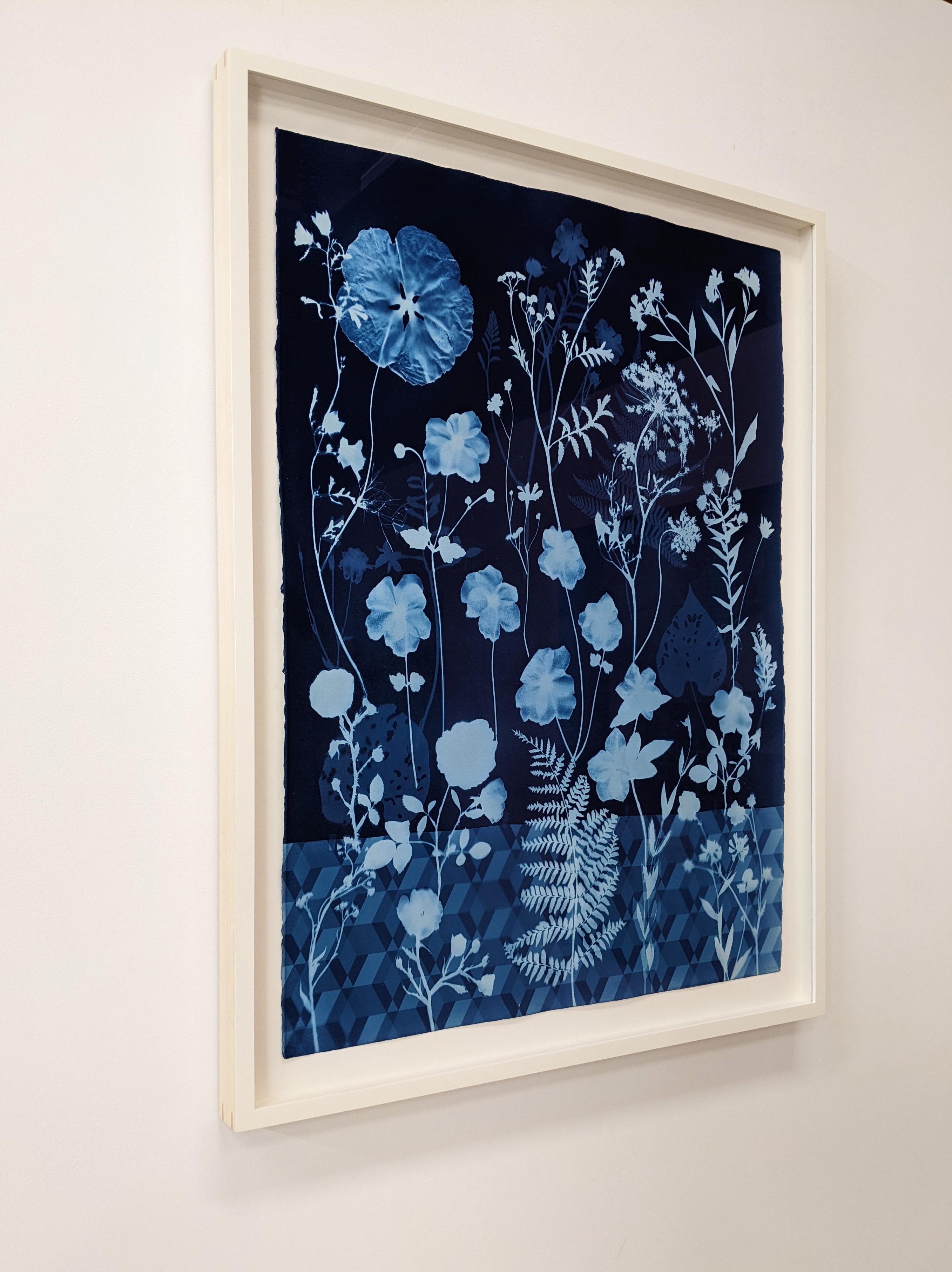 Cyanotype Painting Anemones, Rose of Sharon, Botanical Painting, Indigo Blue For Sale 16