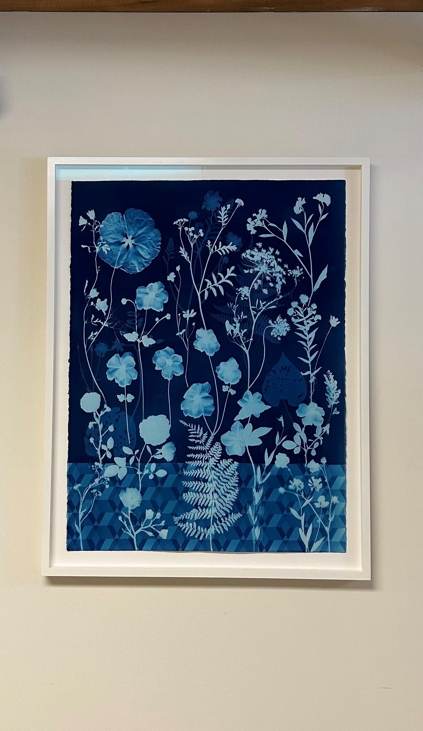 Cyanotype Painting Anemones, Rose of Sharon, Botanical Painting, Indigo Blue 17