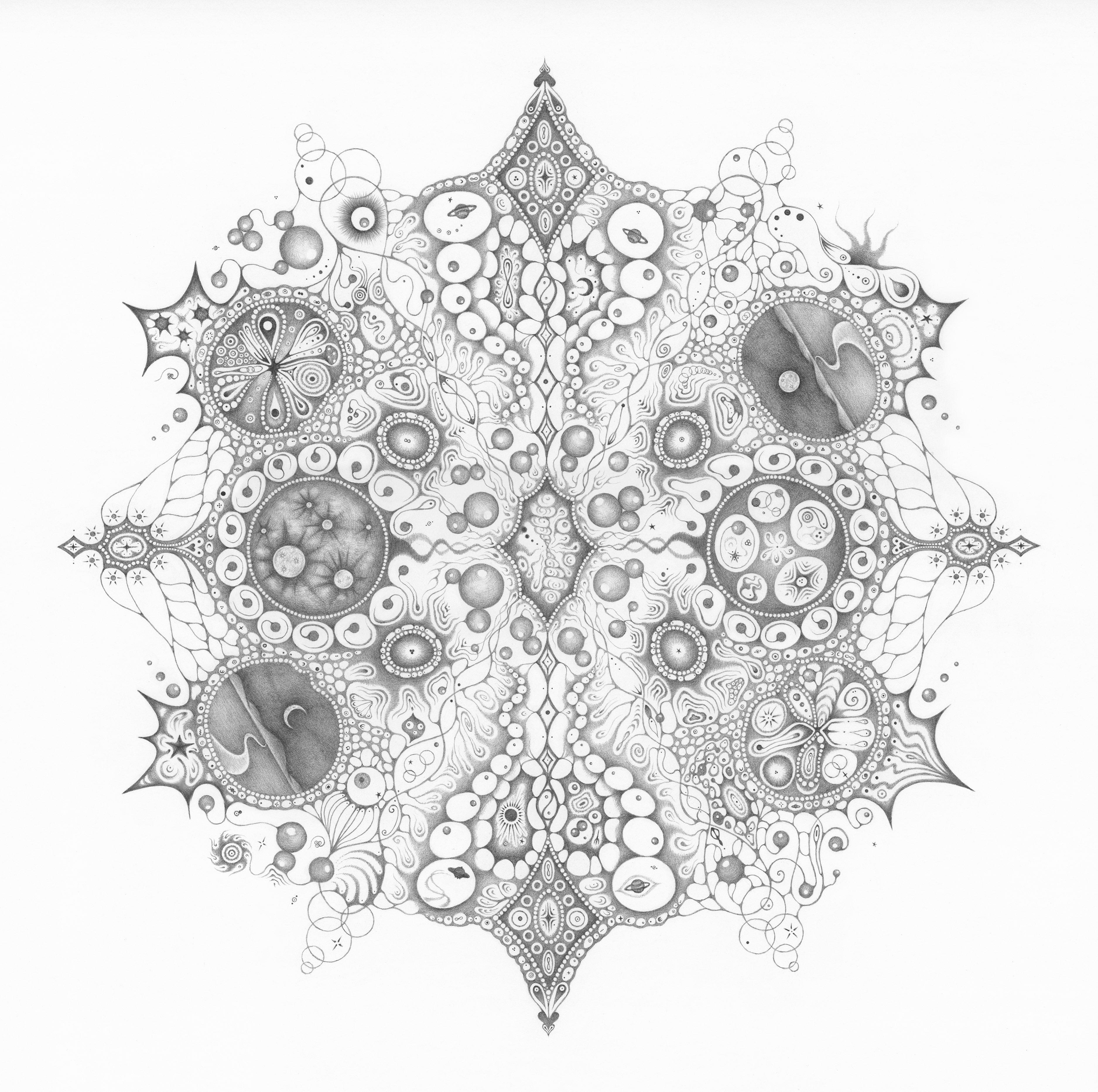 Michiyo Ihara Abstract Drawing – Schneeflocken 125 Einssein, Planeten, Mondsichel, Muster Mandala Bleistiftzeichnung