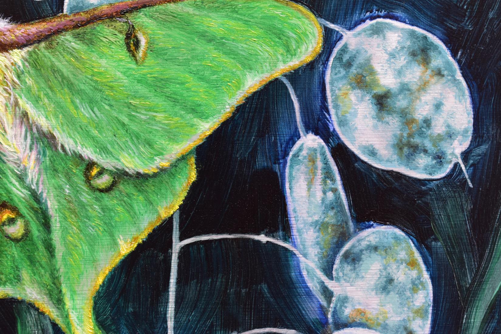 A Week's Worth, Botanical, Insect Painting, Green Luna Moth, Dark Leaves, Cobalt For Sale 1