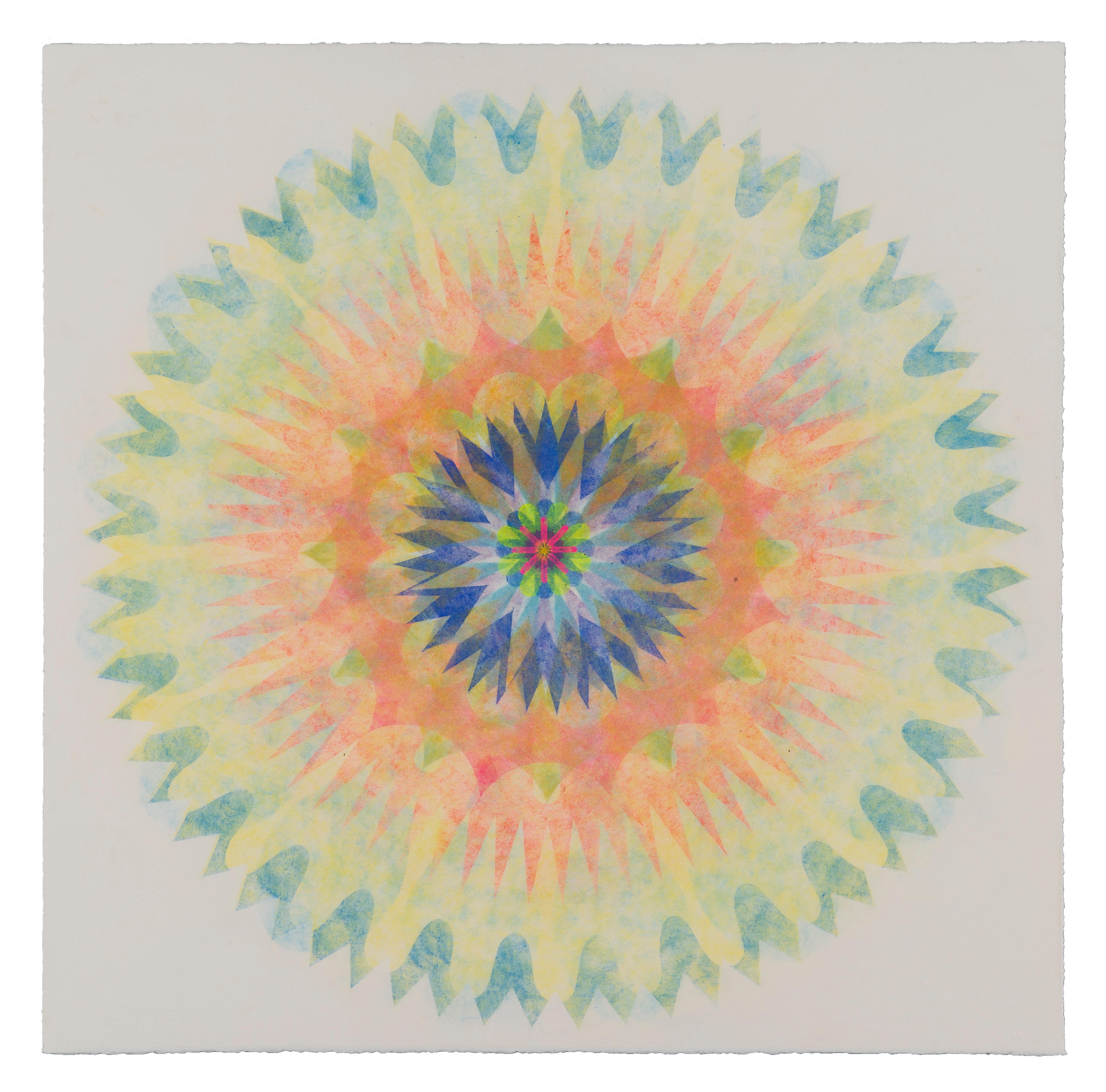 Mary Judge Abstract Drawing - Poptic 26, Flower Mandala, Light Green, Orange, Blue, Pink, Yellow