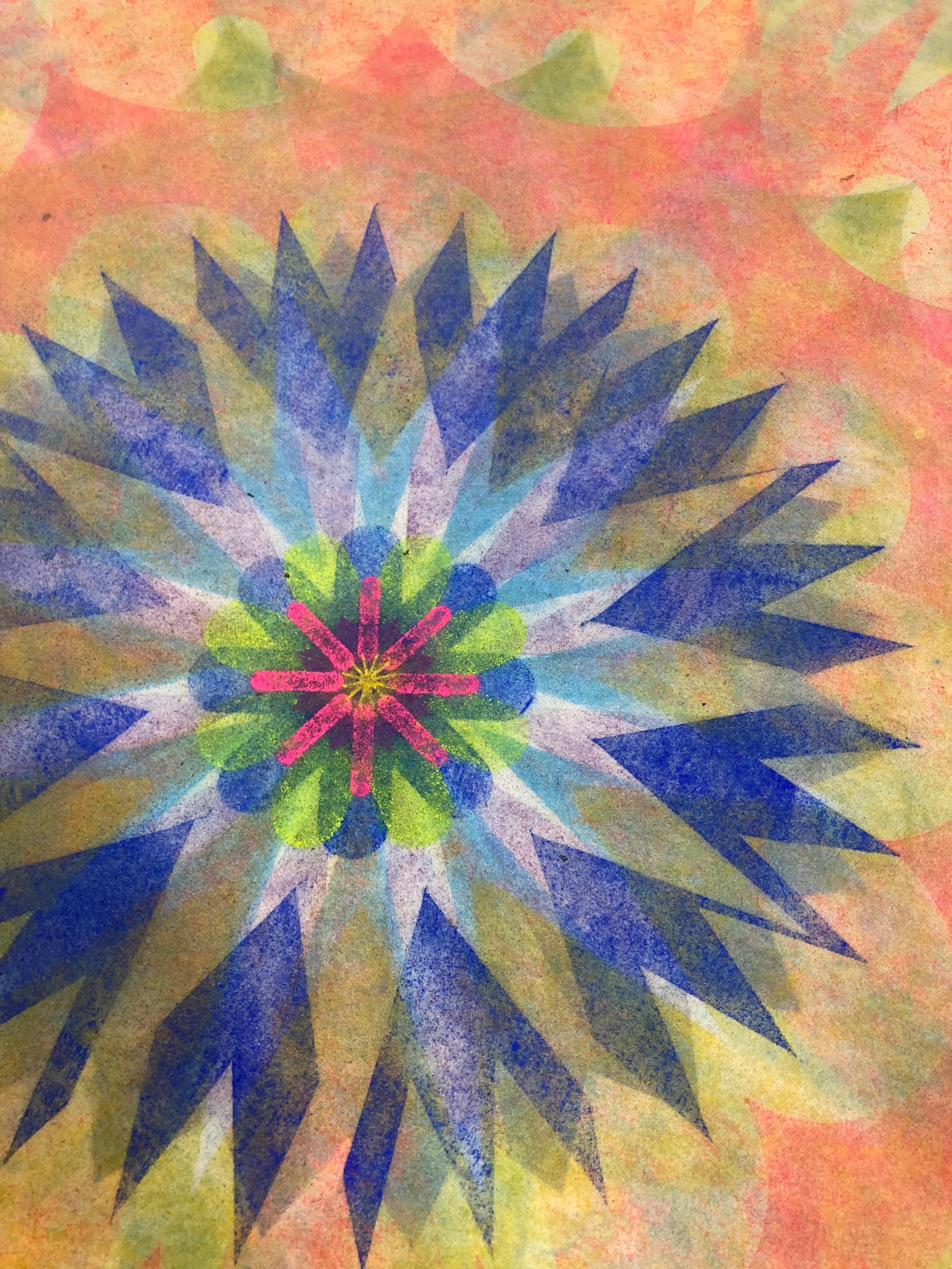 Poptic 26, Flower Mandala, Light Green, Orange, Blue, Pink, Yellow - Art by Mary Judge