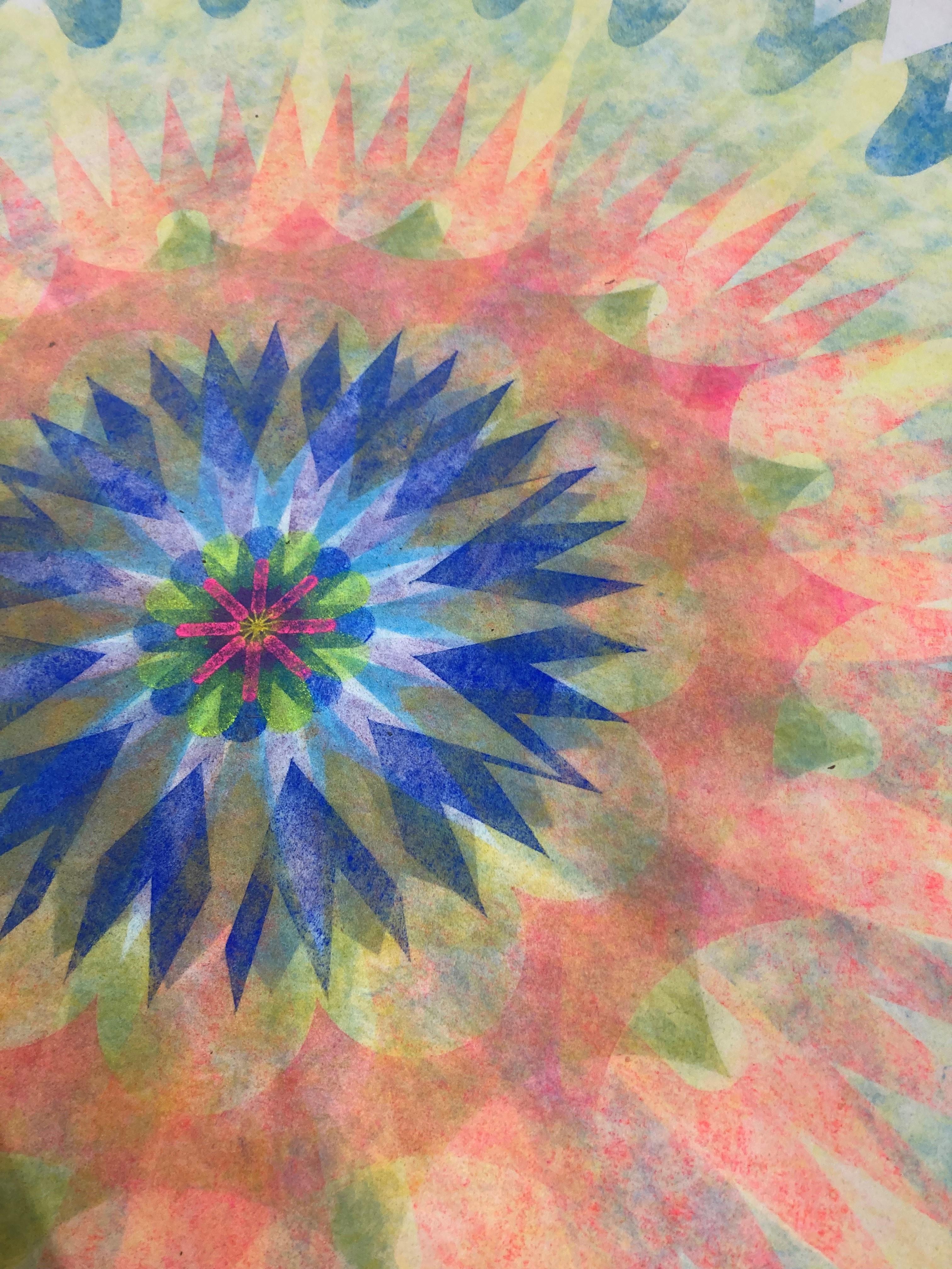 Poptic 26, Flower Mandala, Light Green, Orange, Blue, Pink, Yellow - Contemporary Art by Mary Judge