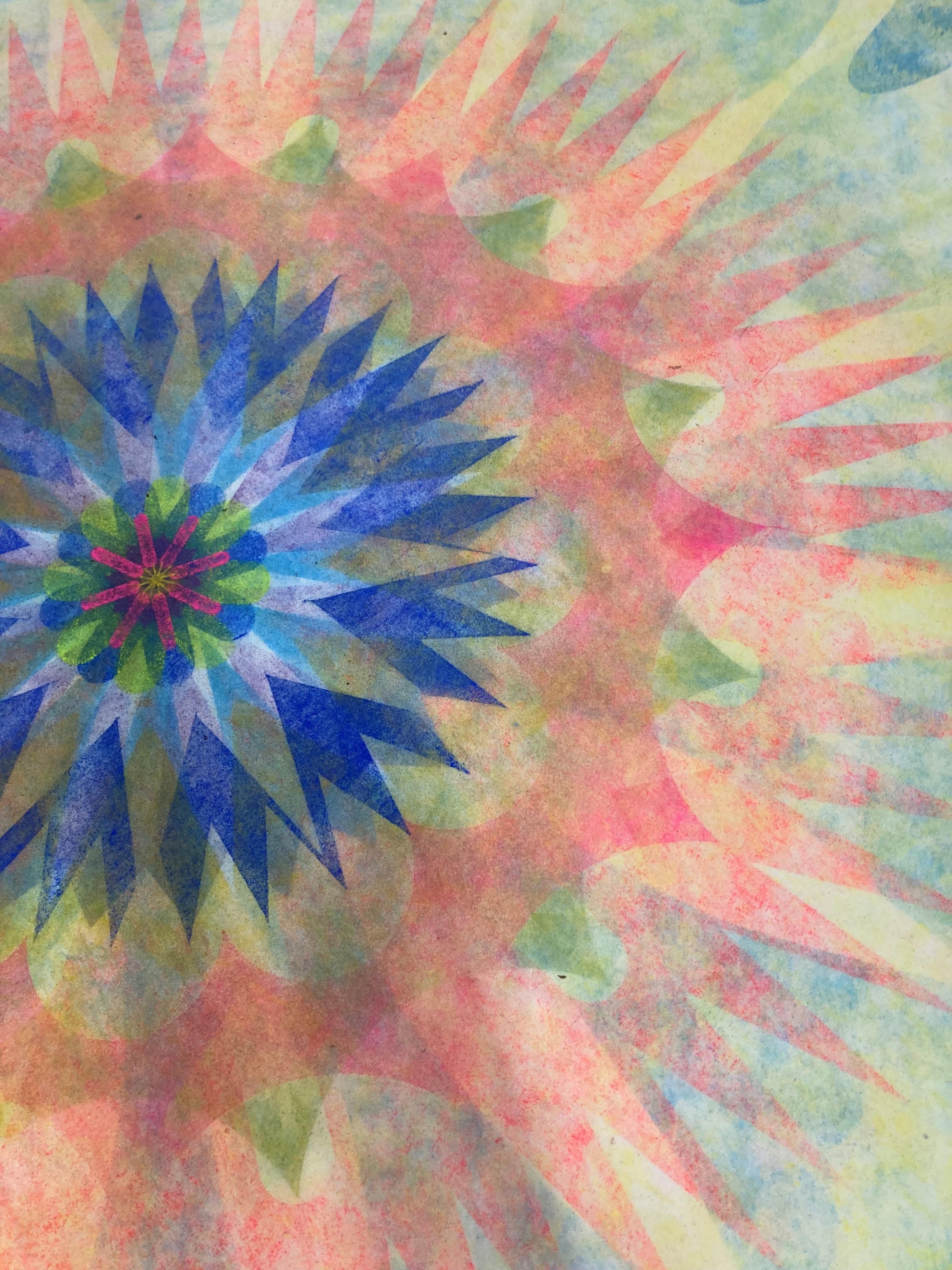 Poptic 26, Flower Mandala, Light Green, Orange, Blue, Pink, Yellow - Beige Abstract Drawing by Mary Judge