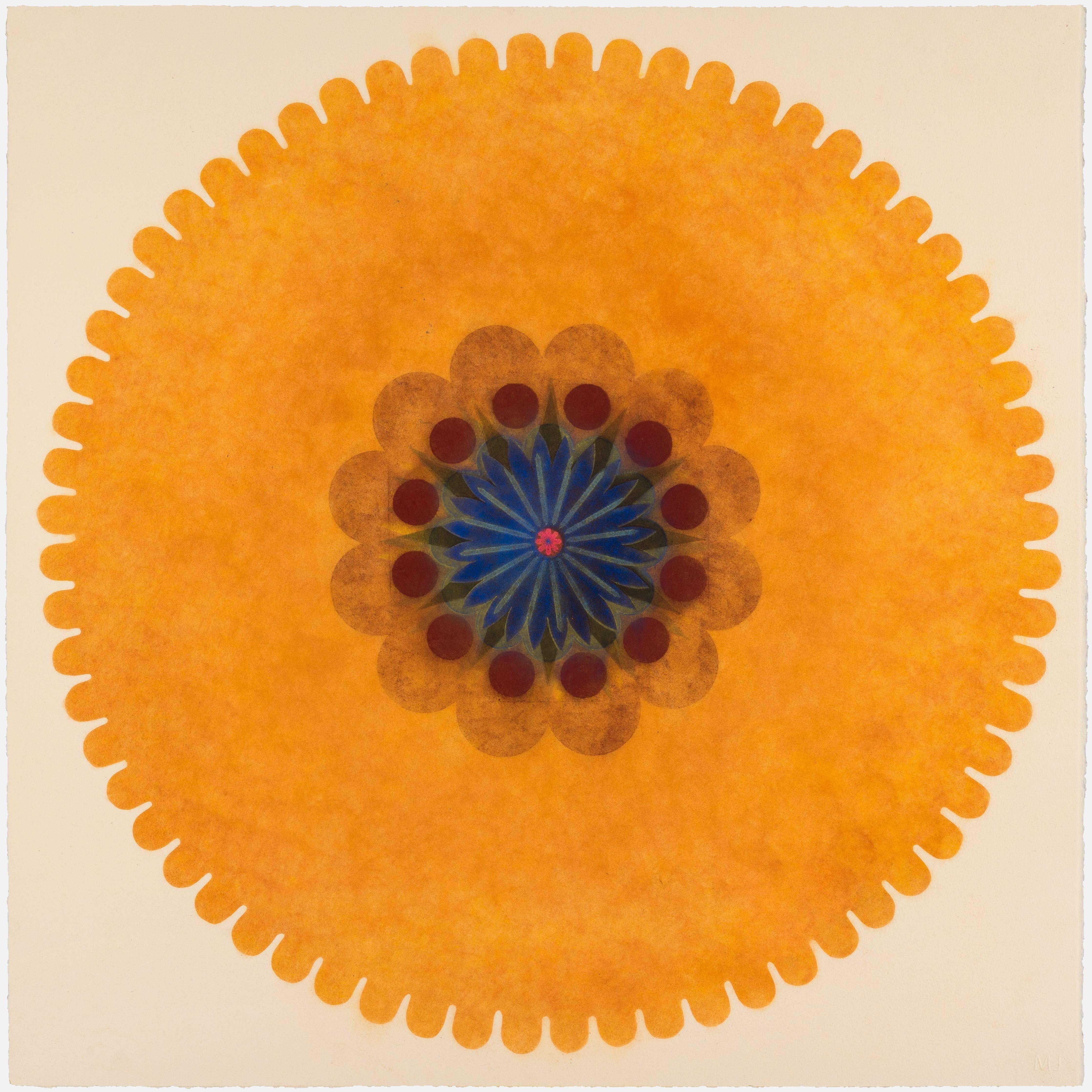 Mary Judge Abstract Drawing - Pop Flower 43, Bright Orange Mandala, Green, Maroon, Burgundy Red, Cobalt Blue