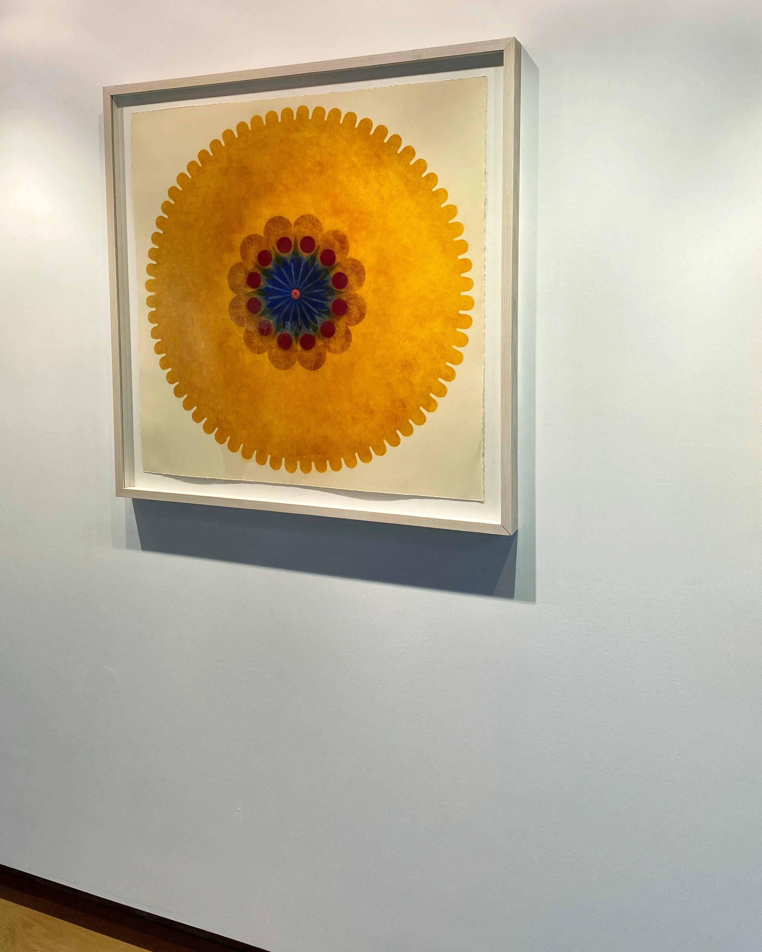 Pop Flower 43, Bright Orange Mandala, Green, Maroon, Burgundy Red, Cobalt Blue - Contemporary Art by Mary Judge