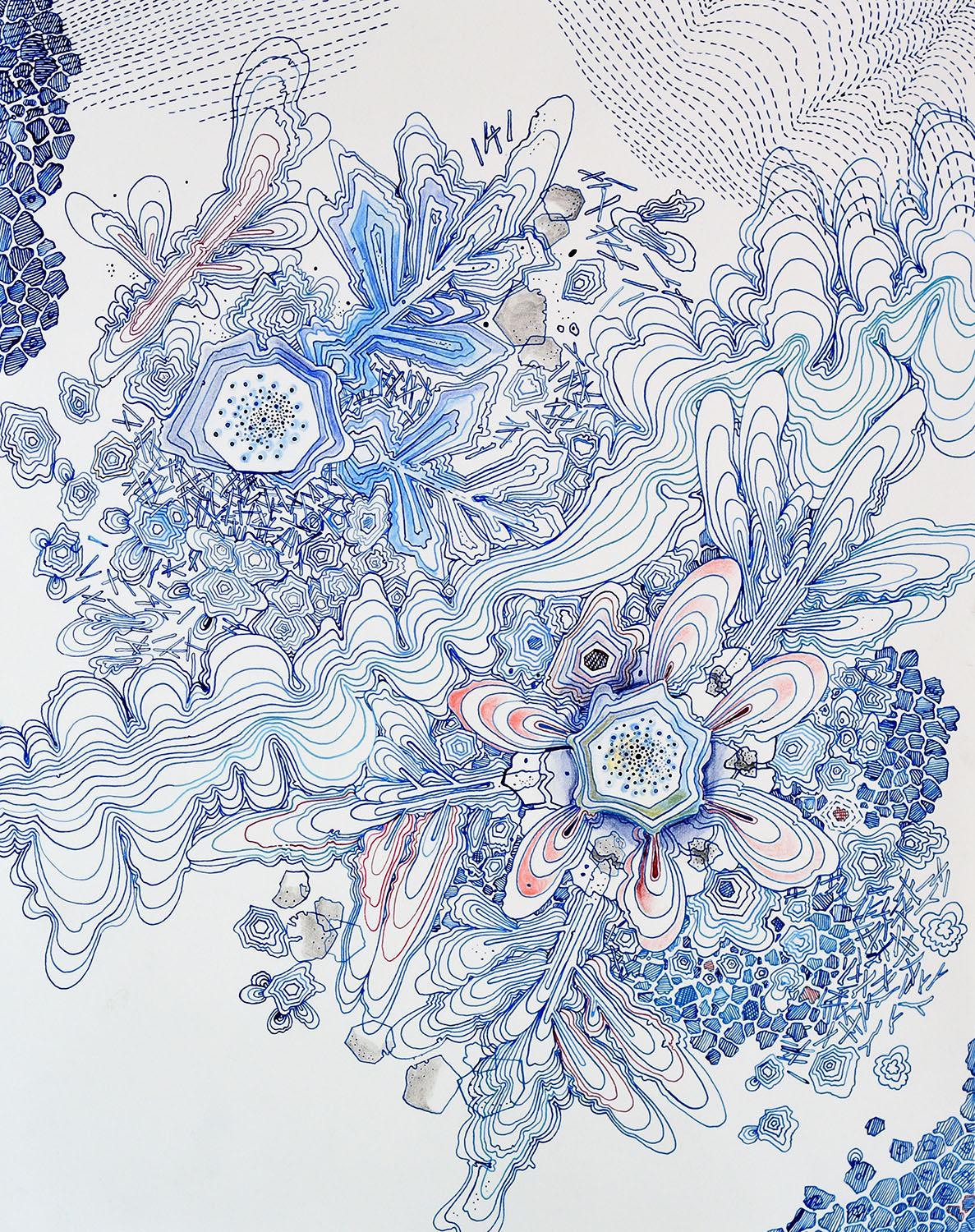 Sarah Morejohn Abstract Drawing – Fluss, Indigoblau, Marineblau, Kobalt, Lachsrosa, Rot Schneeflockenmuster Zeichnung