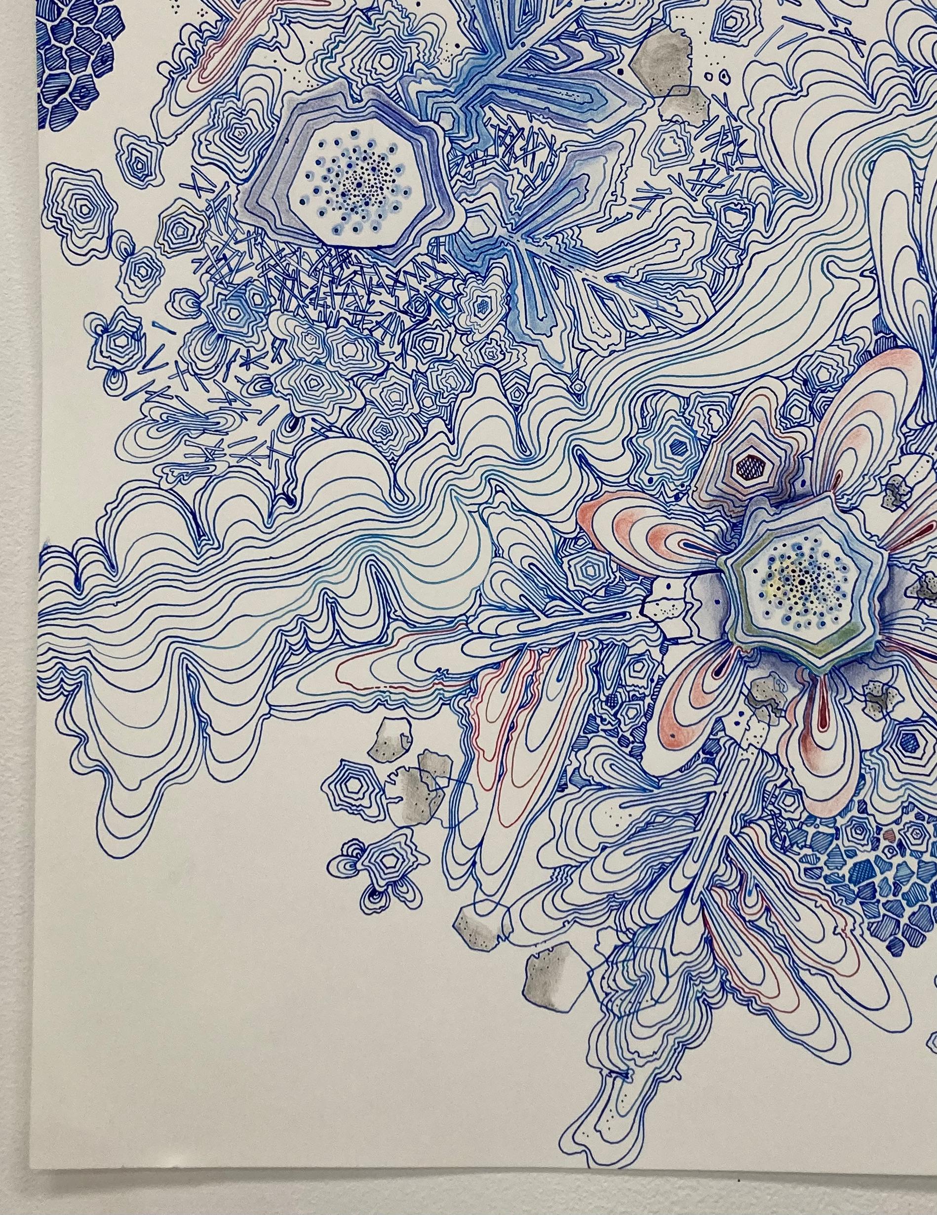 Fluss, Indigoblau, Marineblau, Kobalt, Lachsrosa, Rot Schneeflockenmuster Zeichnung – Art von Sarah Morejohn