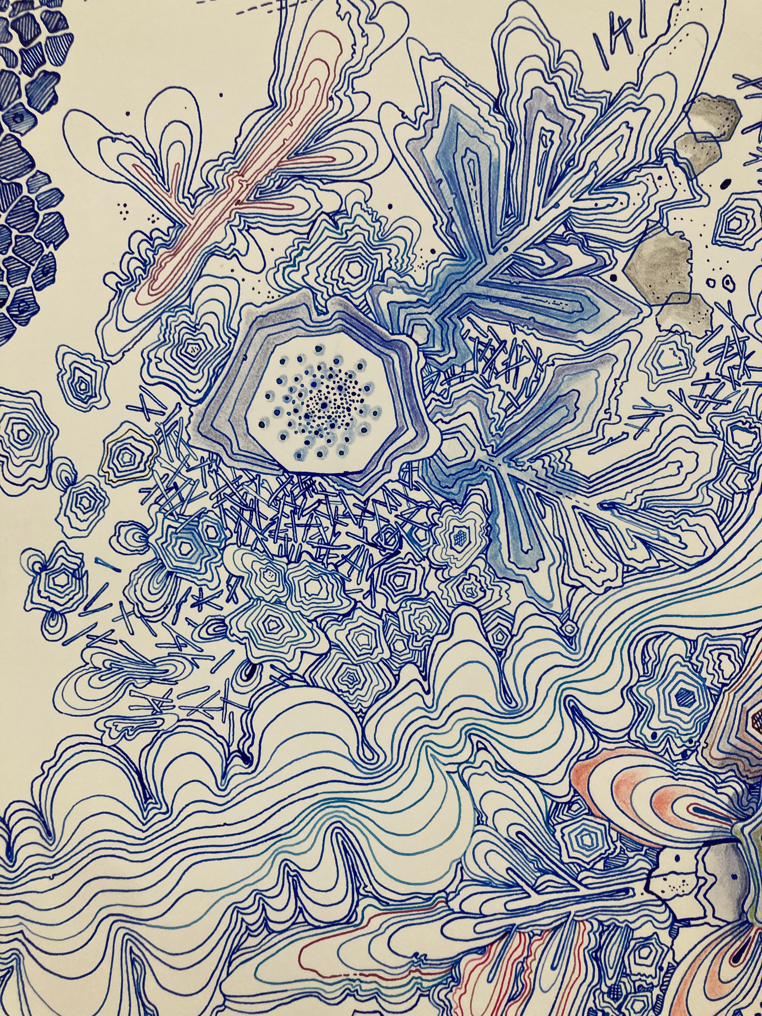 River, Indigo Blue, Navy, Cobalt, Salmon Pink, Red Snowflake Pattern Drawing - Contemporary Art by Sarah Morejohn