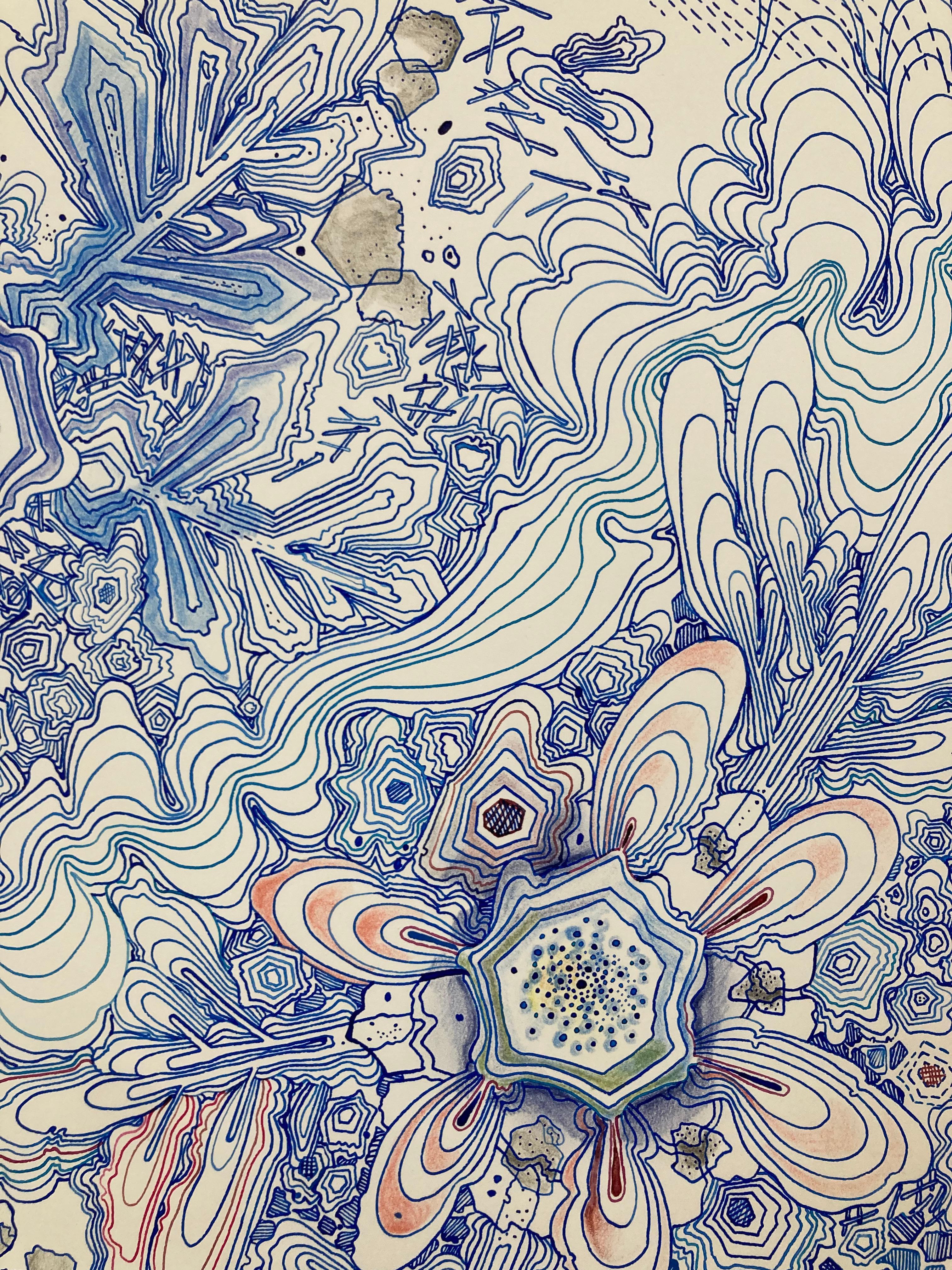 River, Indigo Blue, Navy, Cobalt, Salmon Pink, Red Snowflake Pattern Drawing - Orange Abstract Drawing by Sarah Morejohn