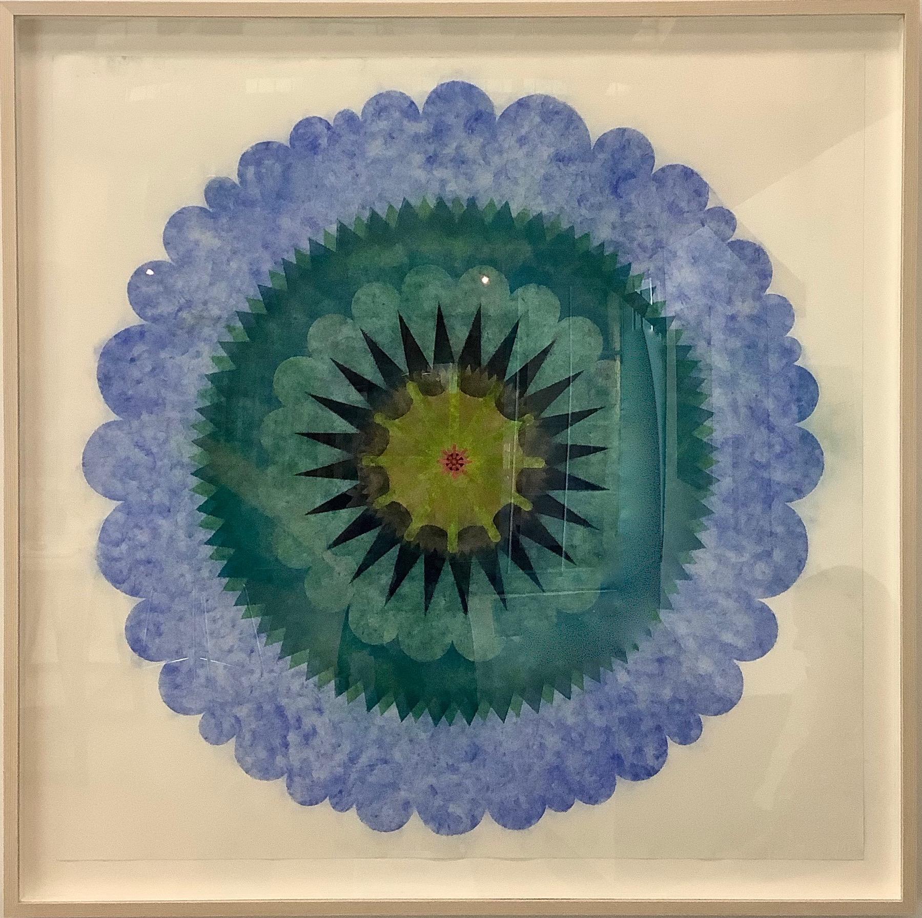 Mary Judge Abstract Drawing - Blue Opus Eight, Blue, Teal Circular Mandala Flower Shape with Green, Dark Navy