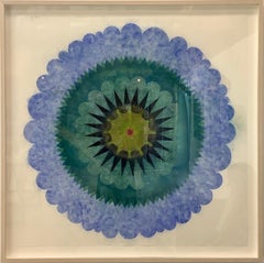 Vintage Blue Opus Eight, Blue, Teal Circular Mandala Flower Shape with Green, Dark Navy