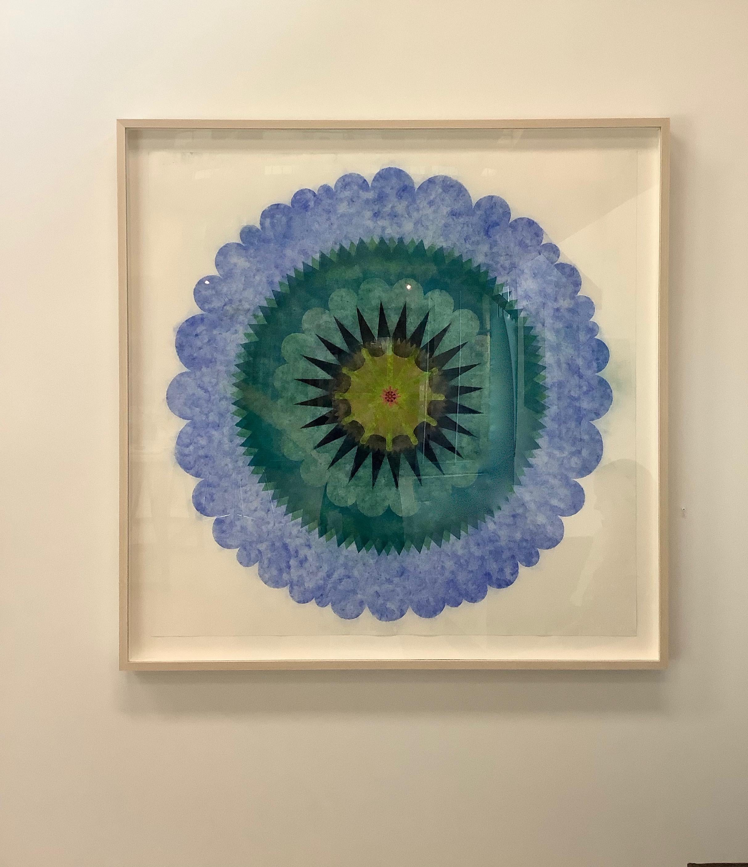 Blue Opus Eight, Blue, Teal Circular Mandala Flower Shape with Green, Dark Navy - Art by Mary Judge