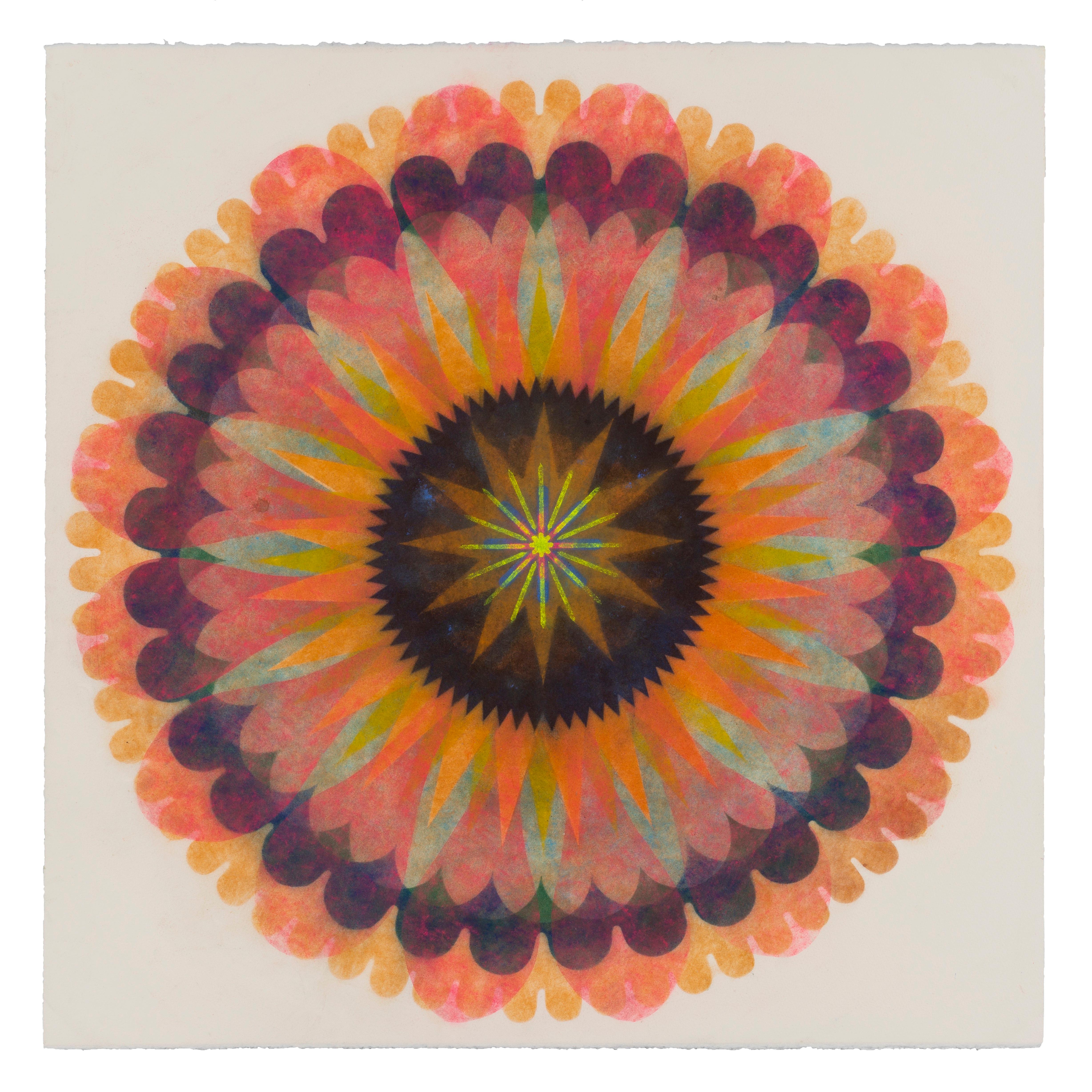 Mary Judge Abstract Drawing - Poptic Three, Flower Mandala, Coral Pink, Orange, Dark Indigo, Violet, Yellow