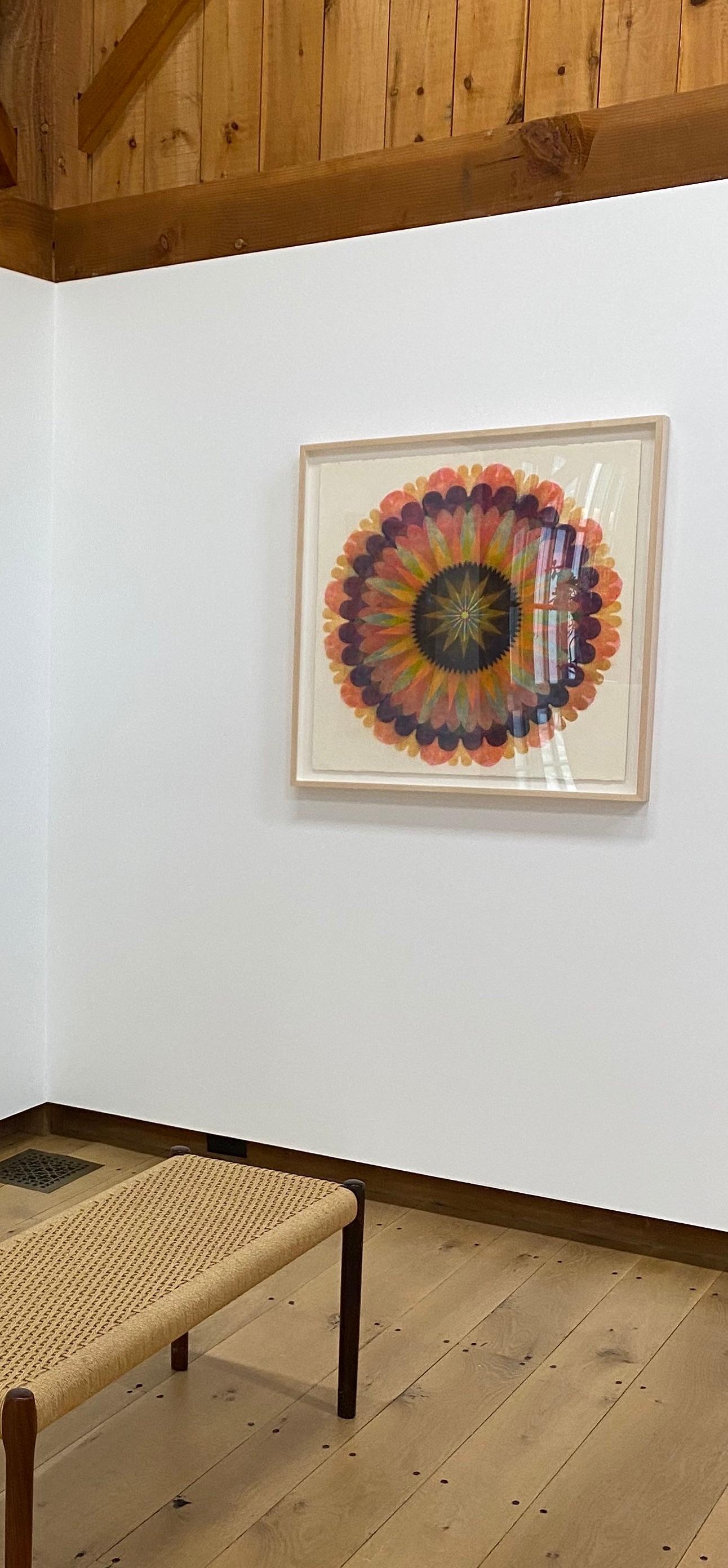 Poptic Three, Flower Mandala, Coral Pink, Orange, Dark Indigo, Violet, Yellow - Contemporary Art by Mary Judge