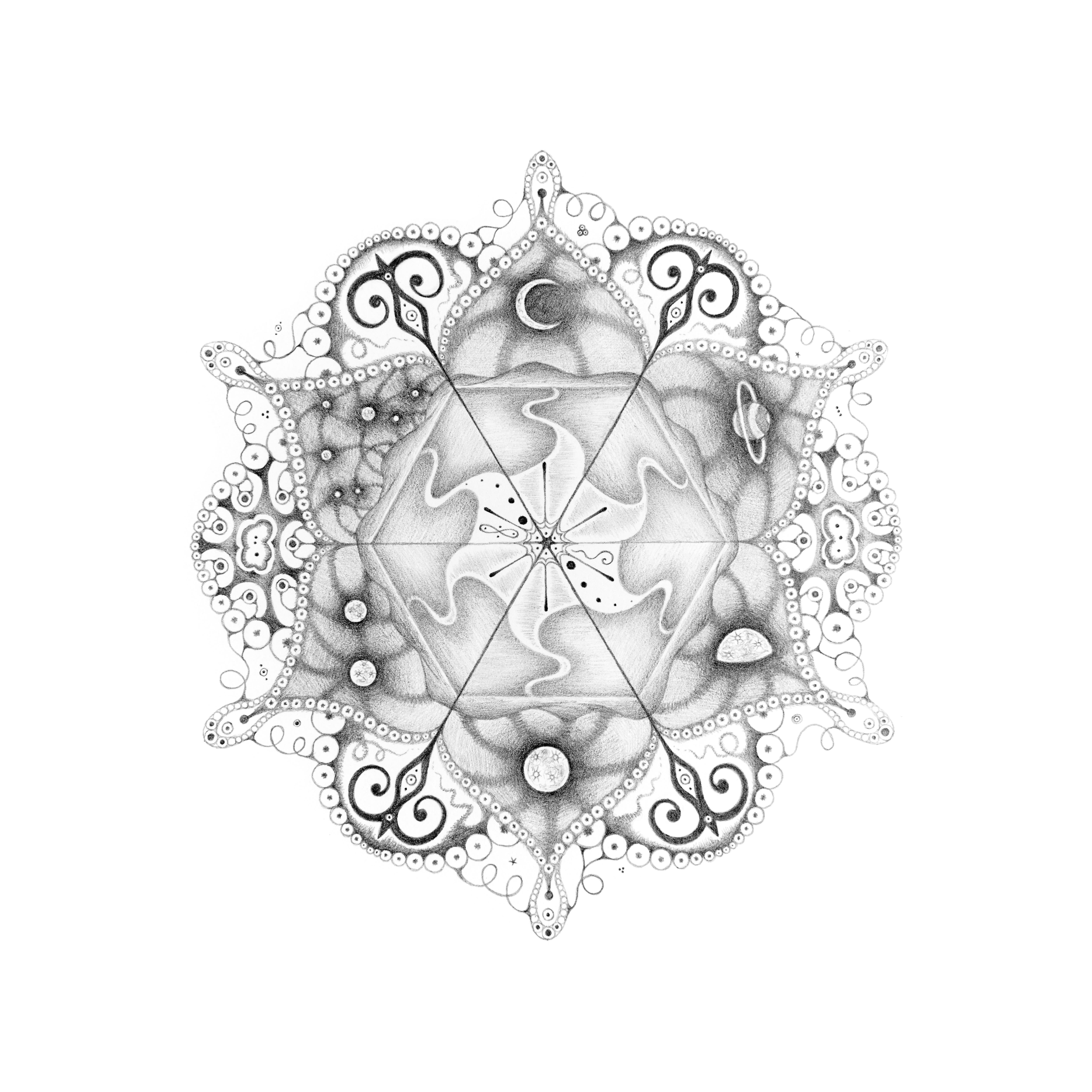 Michiyo Ihara Abstract Drawing – Schneeflocken 108 Matrix, Planet und Halbmond Mandala Bleistiftzeichnung