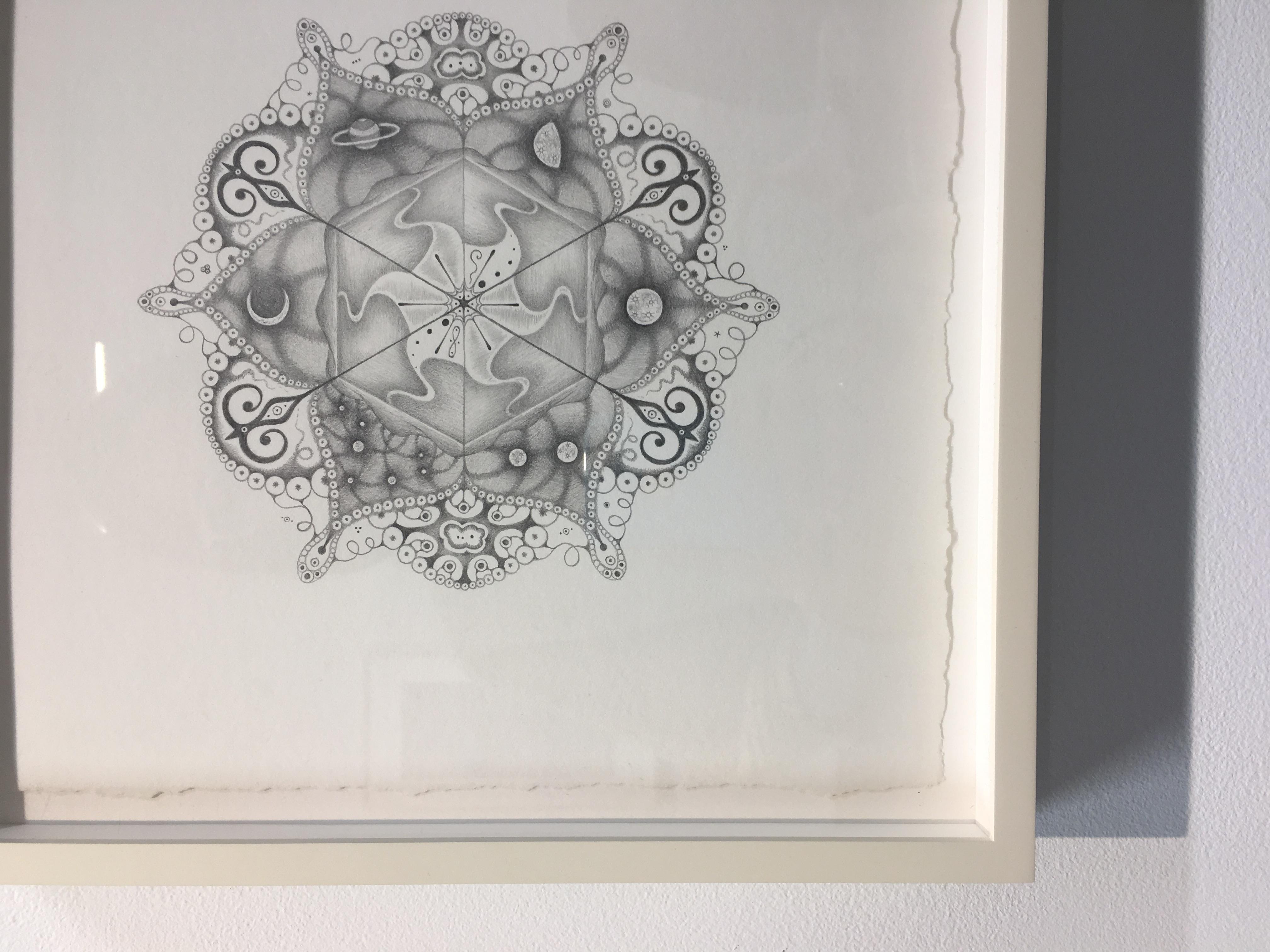 Snowflakes 108 Matrix, Planet and Crescent Moon Mandala Pencil Drawing - Contemporary Art by Michiyo Ihara