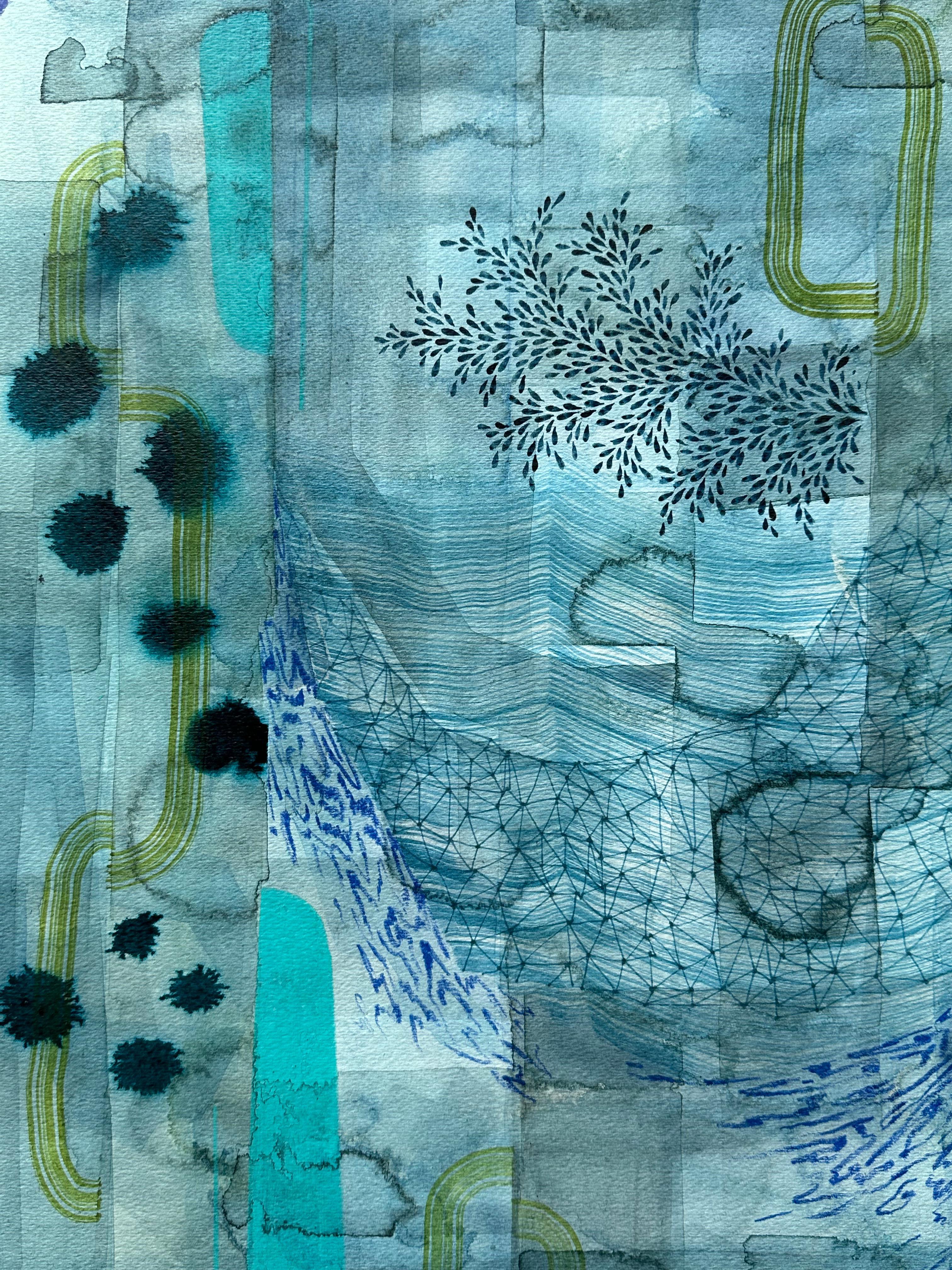 Untitled 600, Teal Blue, Olive Green, Indigo Patterns, Abstract Landscape For Sale 1