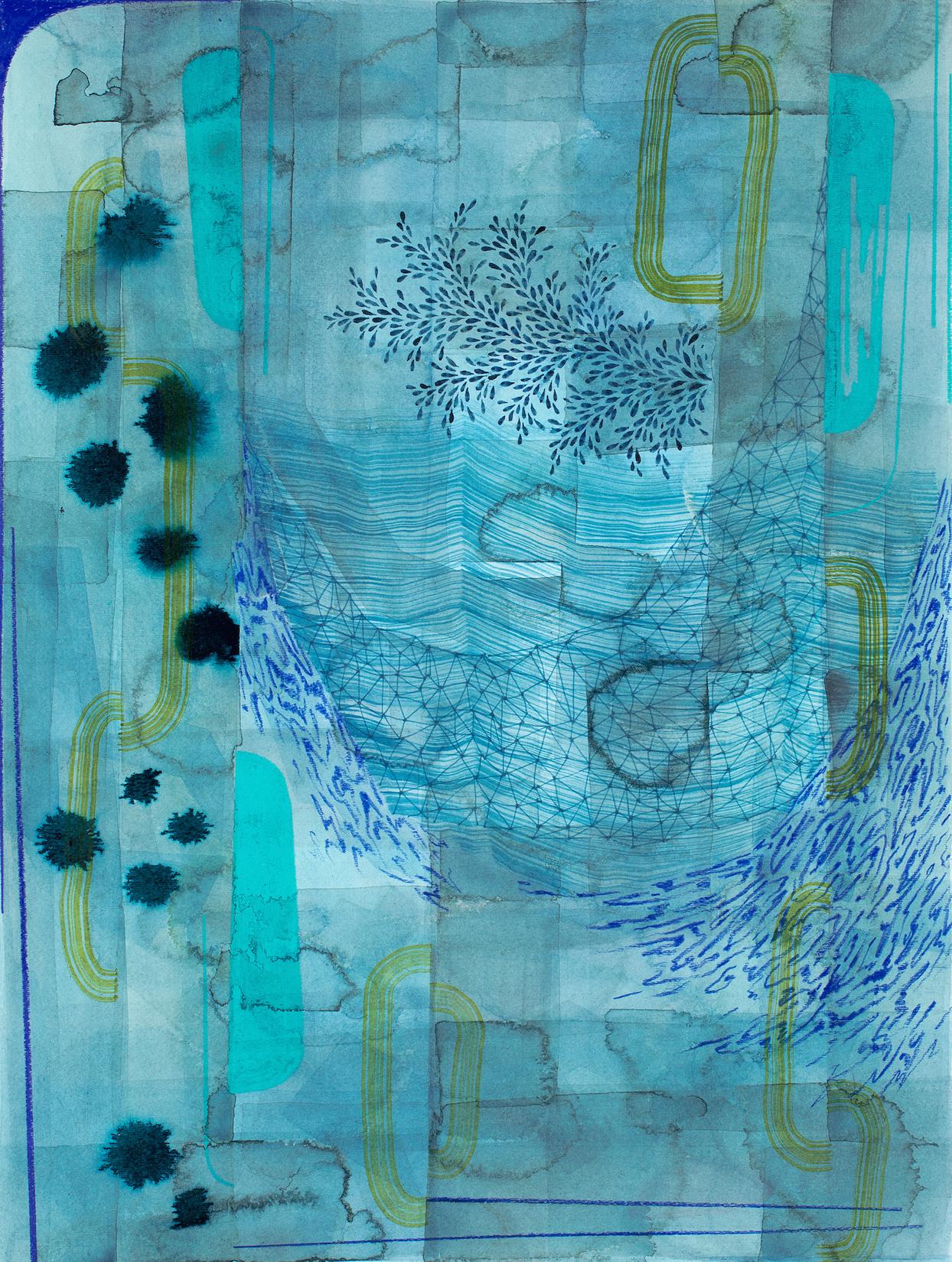Gabe Brown Abstract Drawing - Untitled 600, Teal Blue, Olive Green, Indigo Patterns, Abstract Landscape