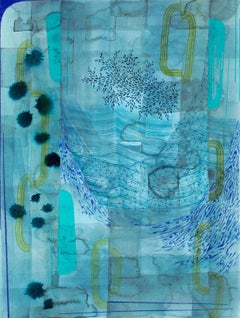 Sans titre 600, bleu sarcelle, vert olive, motifs indigo, paysage abstrait