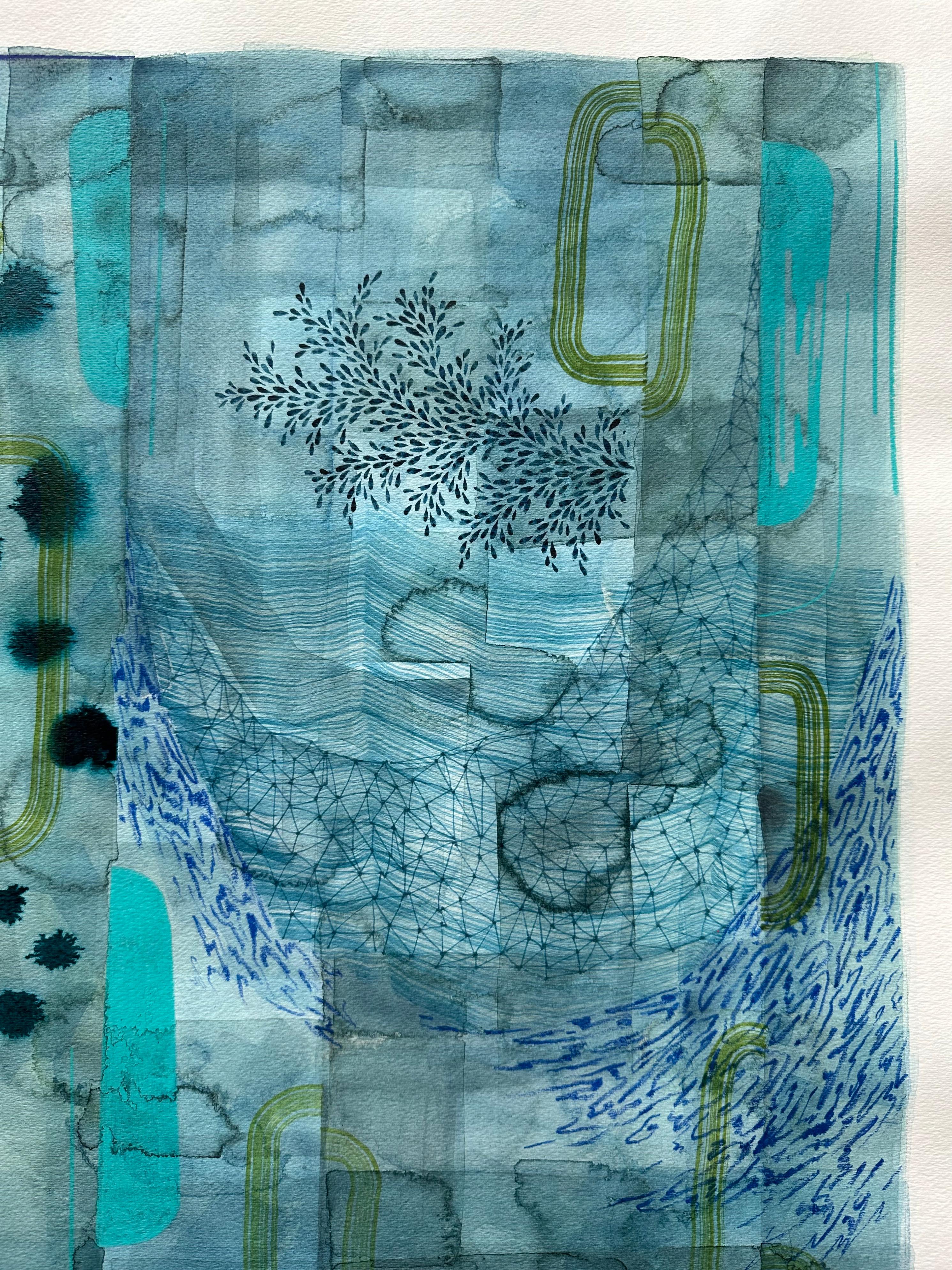 Carefully ordered patterns, geometric shapes and delicate lines in indigo, bright blue and olive green complement a teal grayish blue background. Signed on verso.

Exploring a world beyond tangible reality, Brown searches for meaning in the unknown.