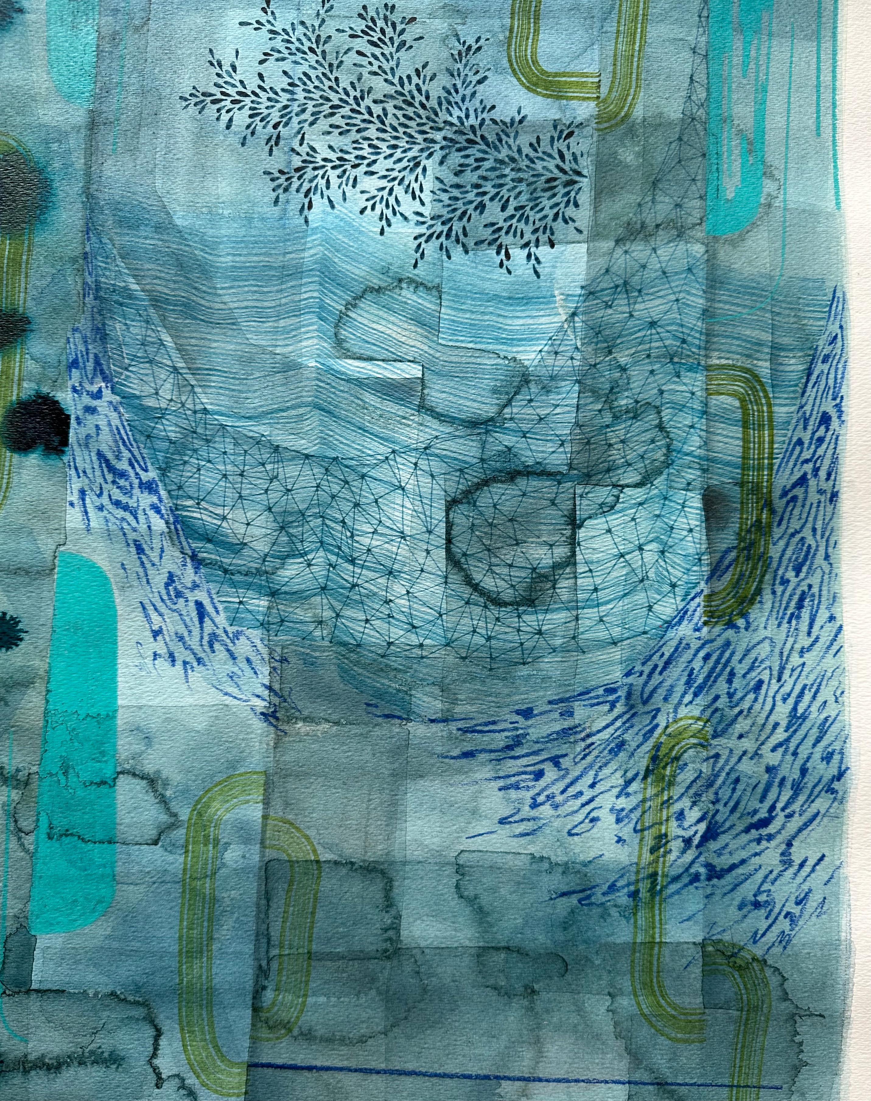 Untitled 600, Teal Blue, Olive Green, Indigo Patterns, Abstract Landscape For Sale 3