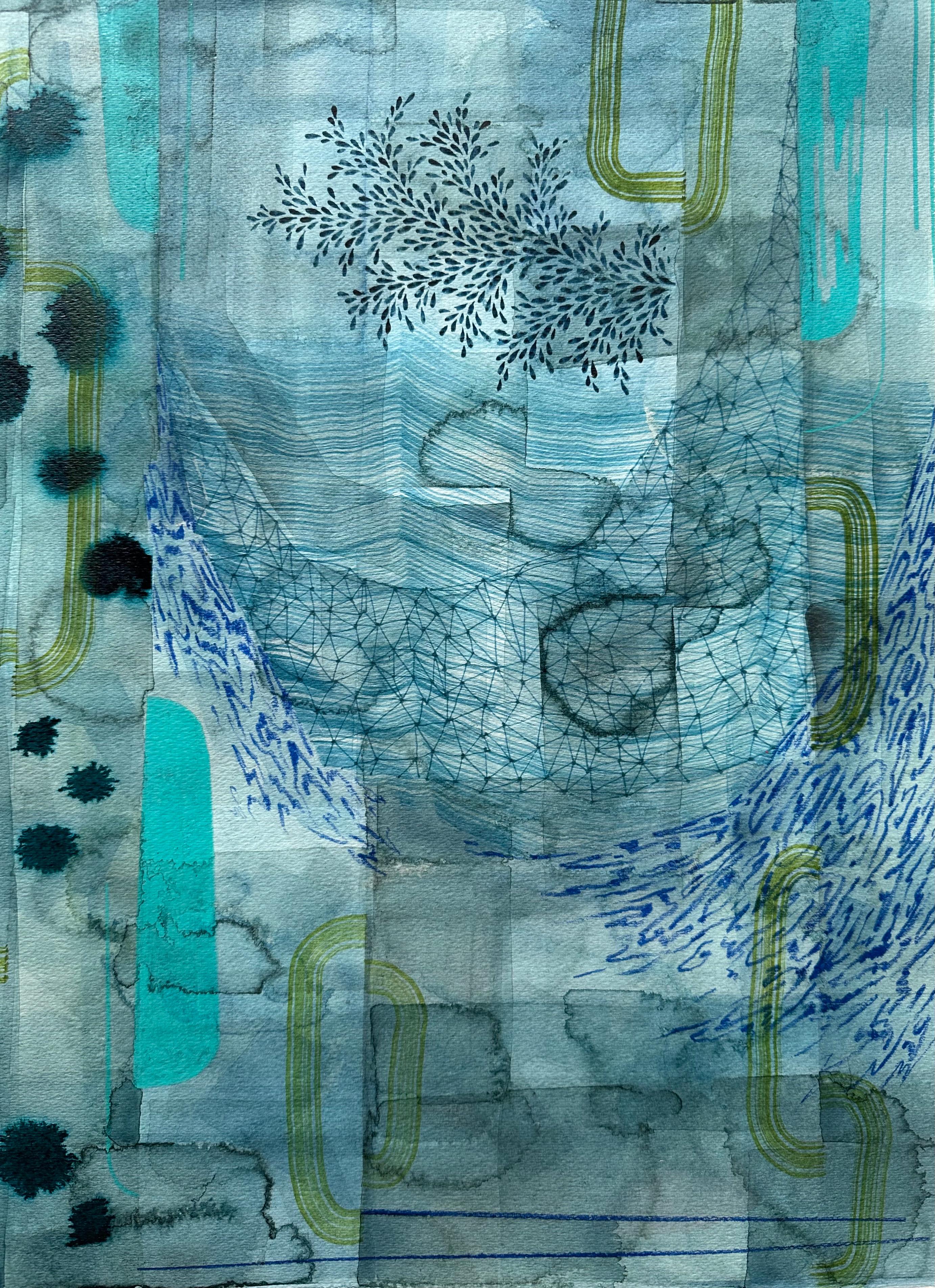Untitled 600, Teal Blue, Olive Green, Indigo Patterns, Abstract Landscape - Contemporary Art by Gabe Brown
