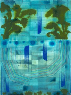 Sans titre 606, bleu sarcelle, vert olive foncé, motifs en lapis, paysage abstrait
