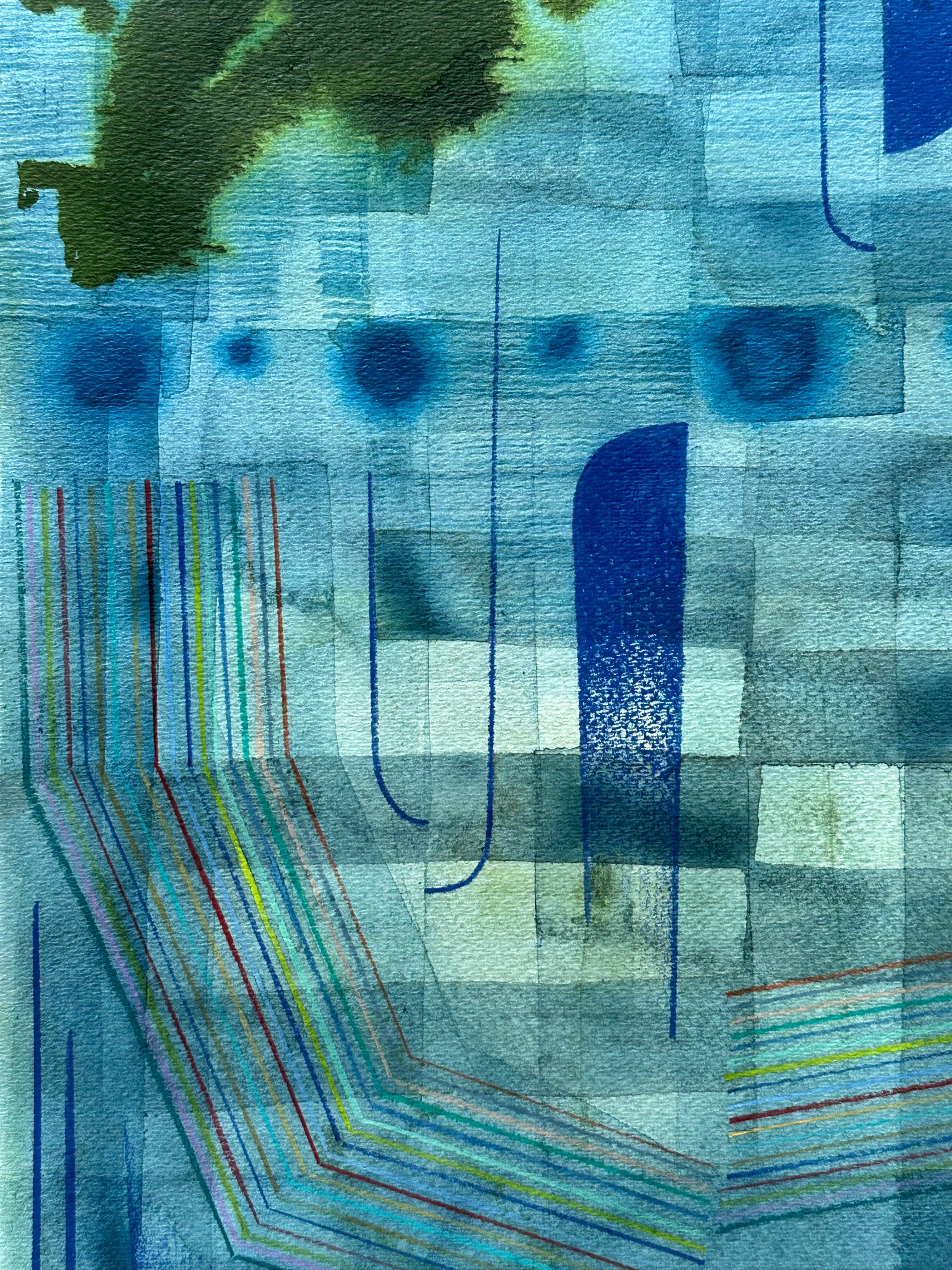 Sorgfältig angeordnete Muster, geometrische Formen und zarte Linien in Indigo, leuchtendem Lapisblau und Olivgrün ergänzen einen teeblauen Hintergrund. Verso signiert.

Brown erforscht eine Welt jenseits der greifbaren Realität und sucht nach dem