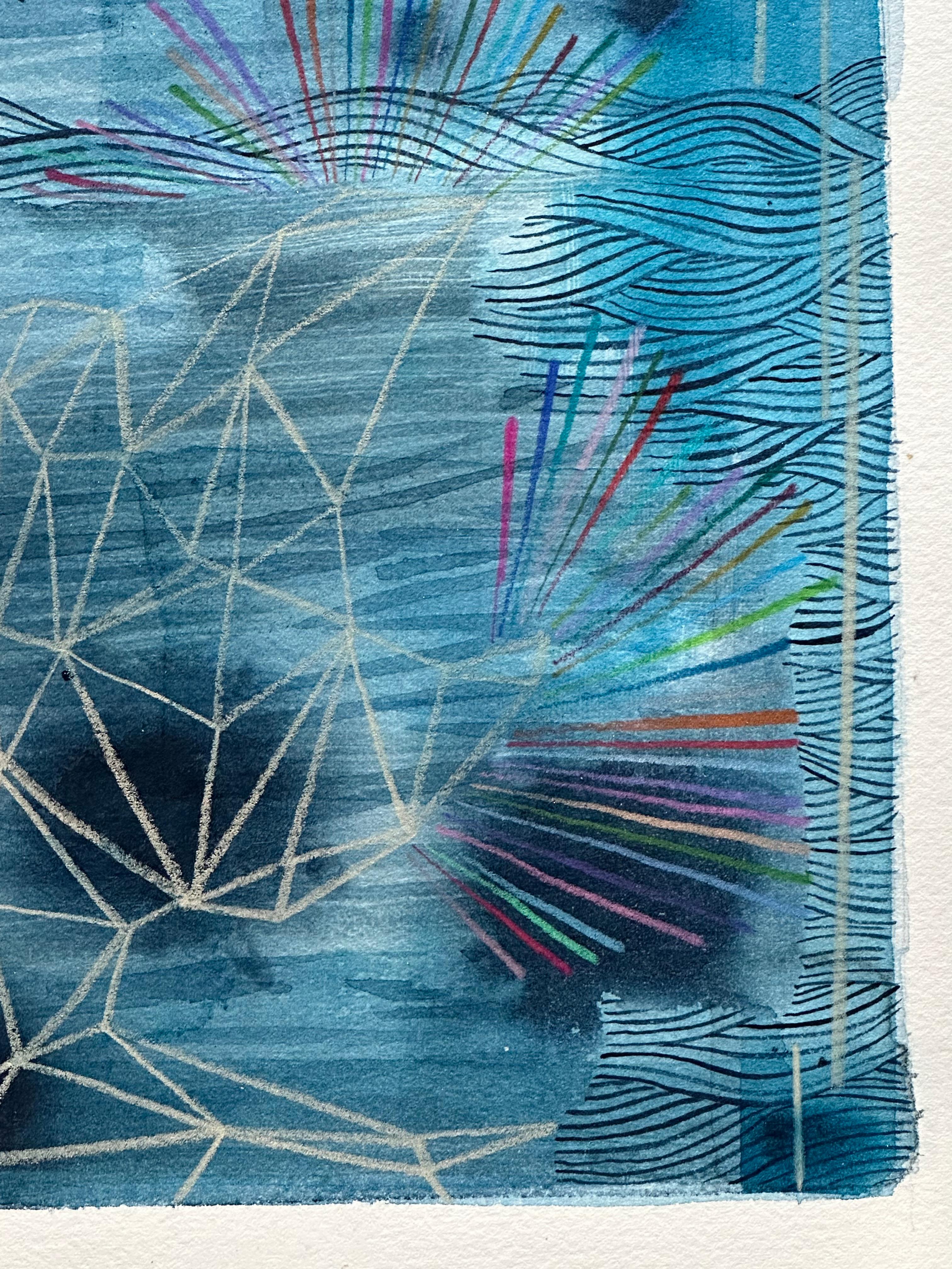 Sans titre 580, bleu gris, indigo clair, violet aubergine, motifs feuilles marines en vente 4