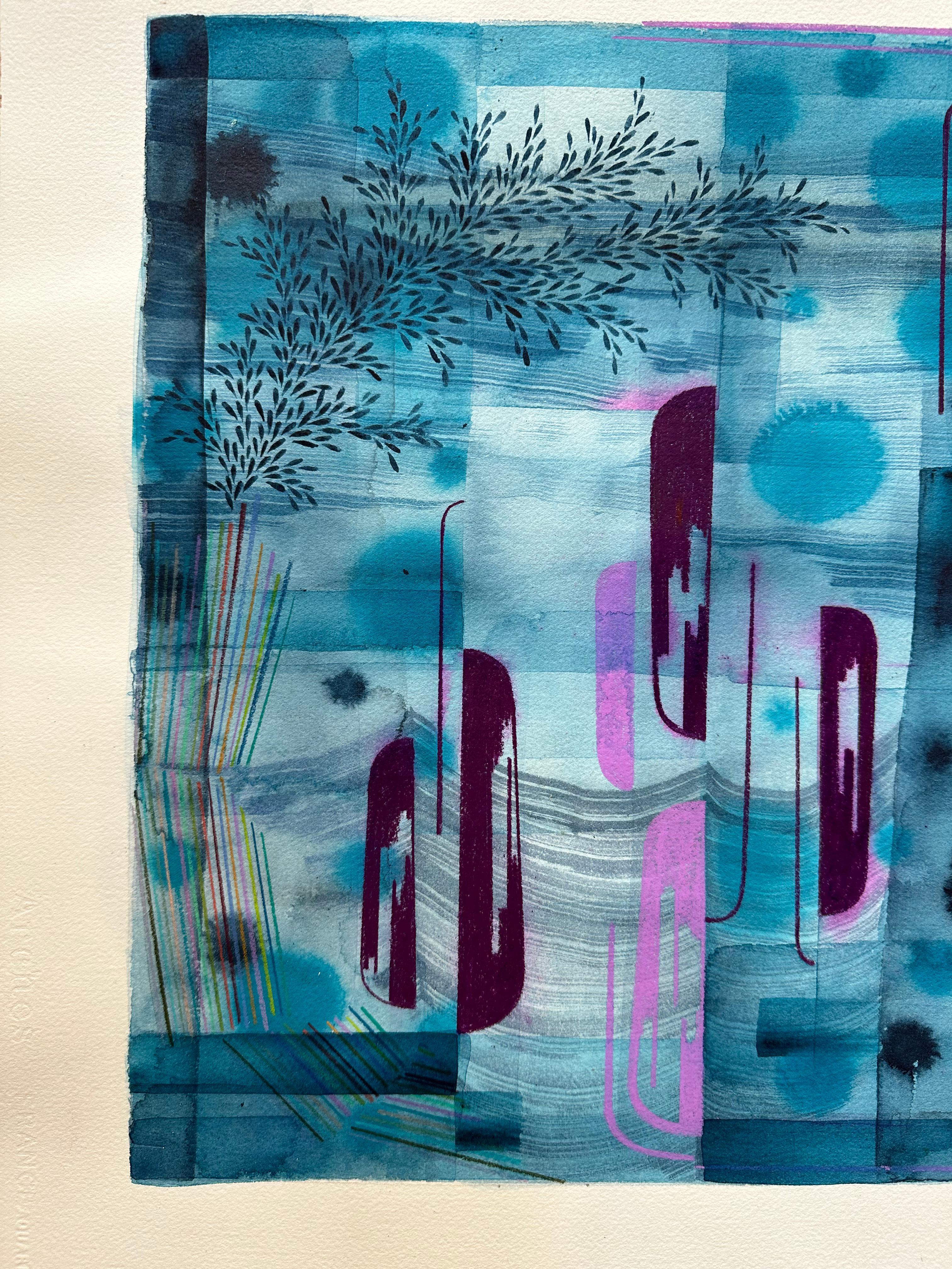 Sans titre 579, bleu gris, indigo clair, violet aubergine, motifs feuilles marines - Art de Gabe Brown
