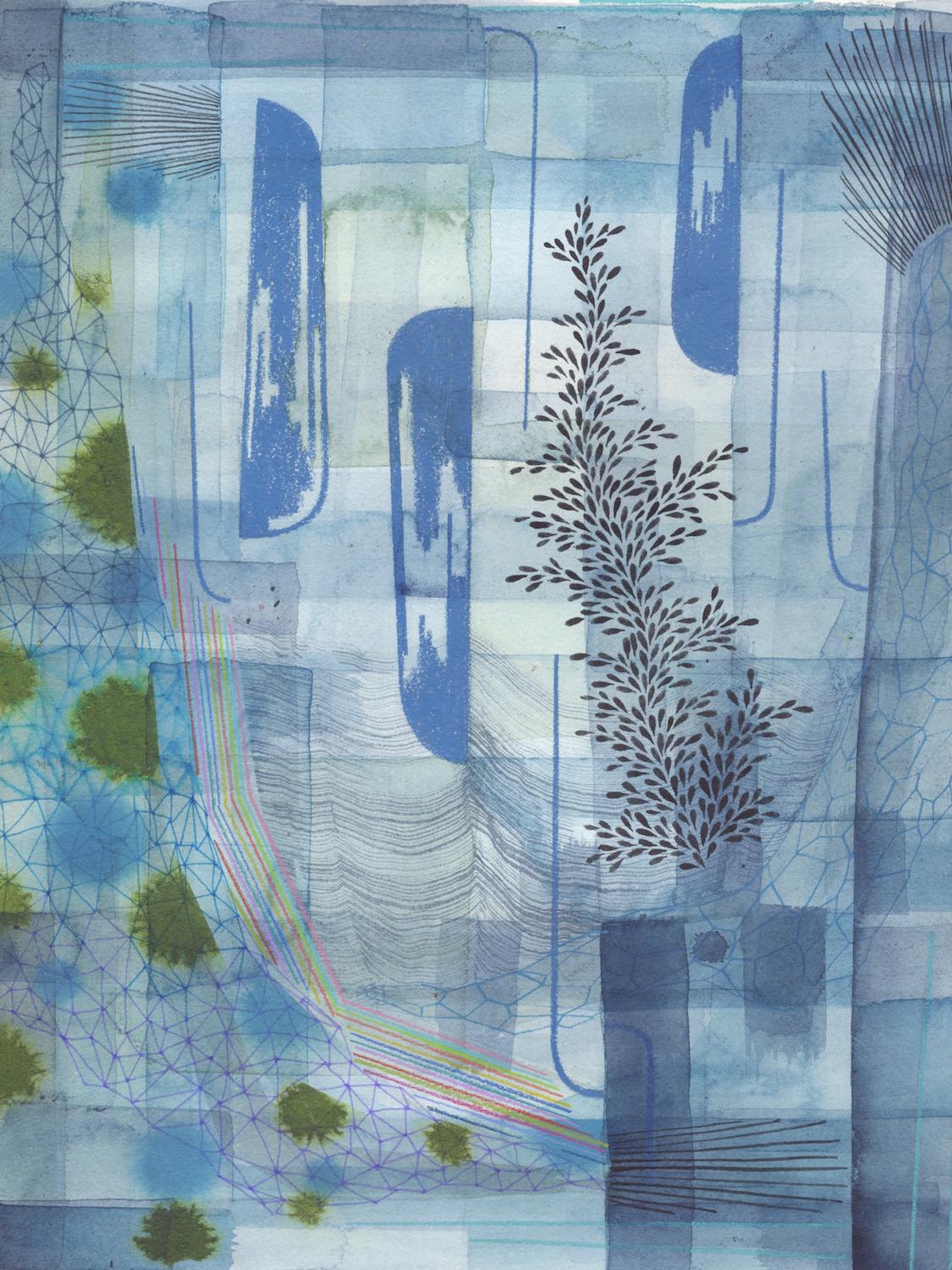 Gabe Brown Abstract Drawing – Ohne Titel 588, Graublau, Hell-Indigoblau, Olivgrün, Marineblau-Blatt-Muster