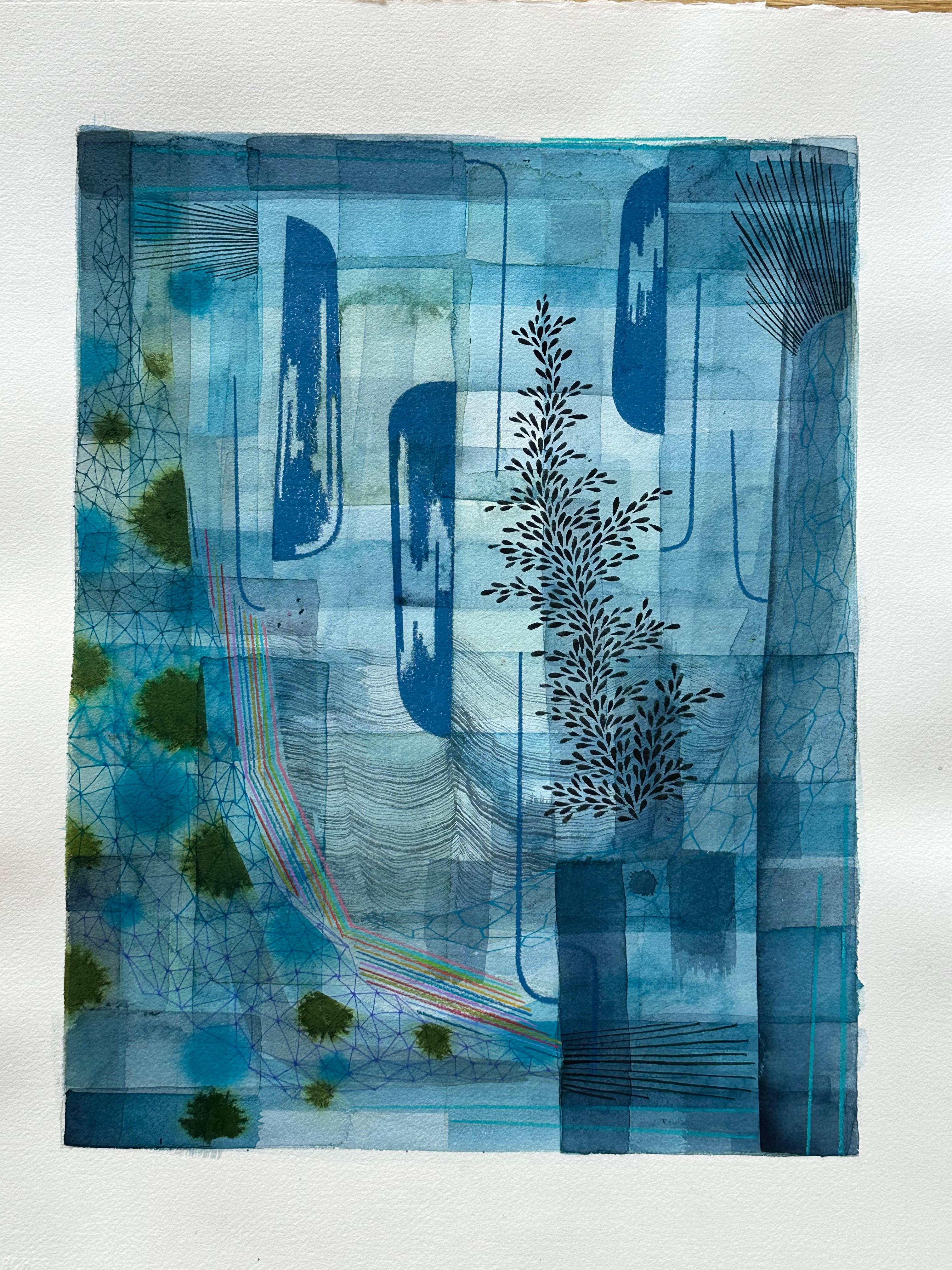 Ohne Titel 588, Graublau, Hell-Indigoblau, Olivgrün, Marineblau-Blatt-Muster – Art von Gabe Brown