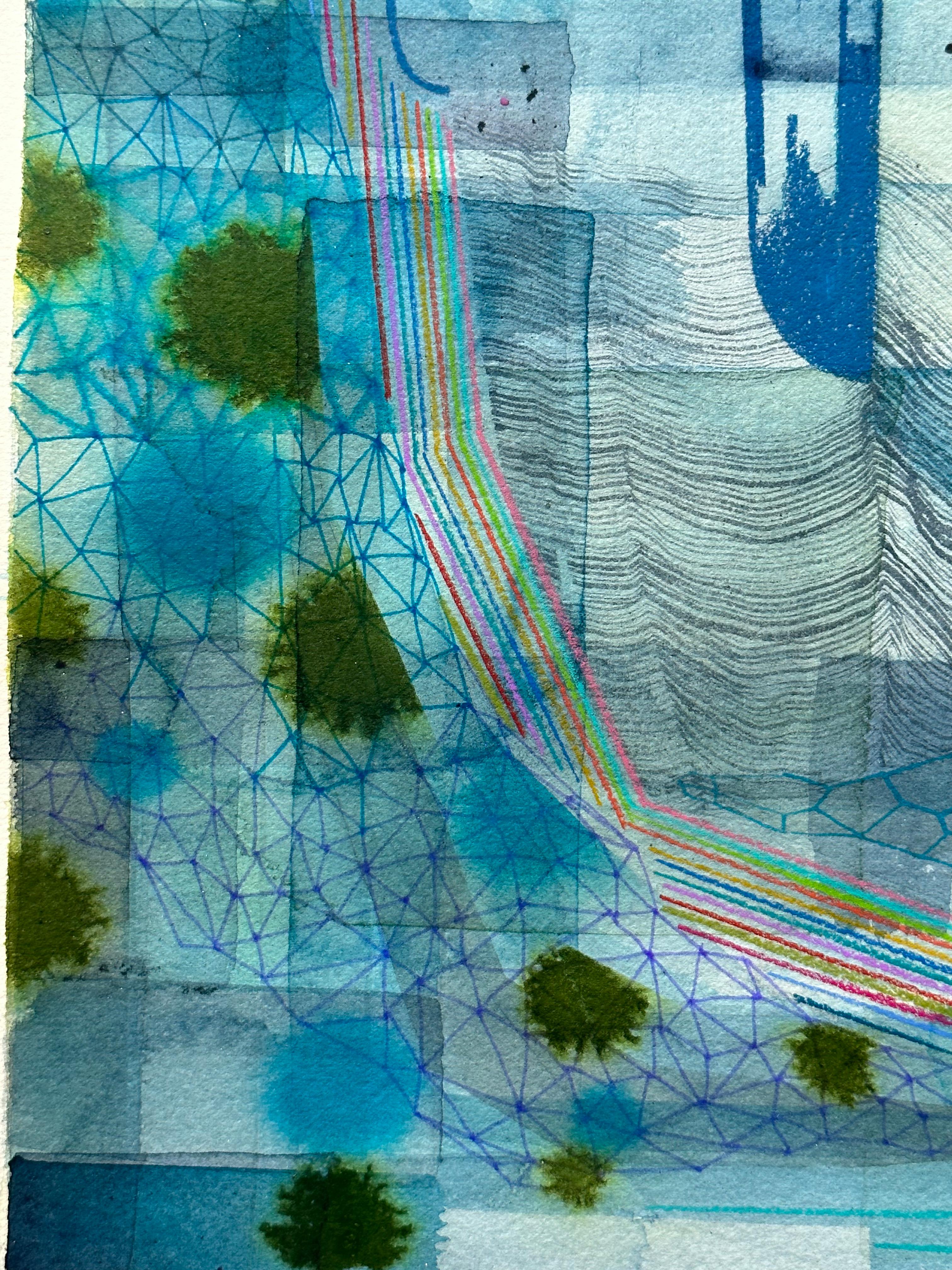Carefully ordered patterns and geometric shapes in indigo, navy blue and olive green with delicate prismatic rainbow lines complement a soft grayish blue background. Signed on verso.

Exploring a world beyond tangible reality, Brown searches for