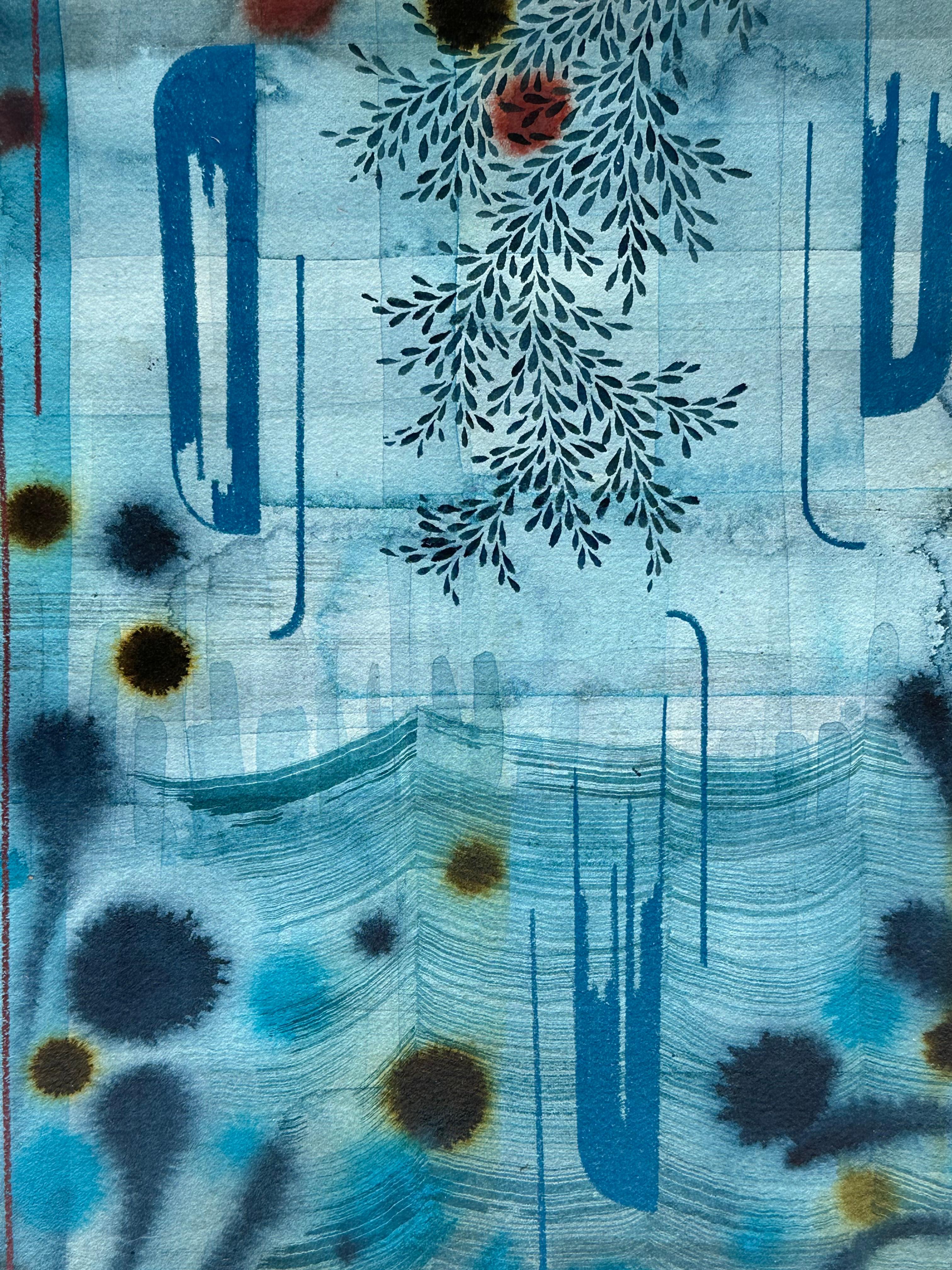 Ohne Titel 598, Graublau, Lavendelblau, Olivgrün, Mauve, Blattmuster im Angebot 1
