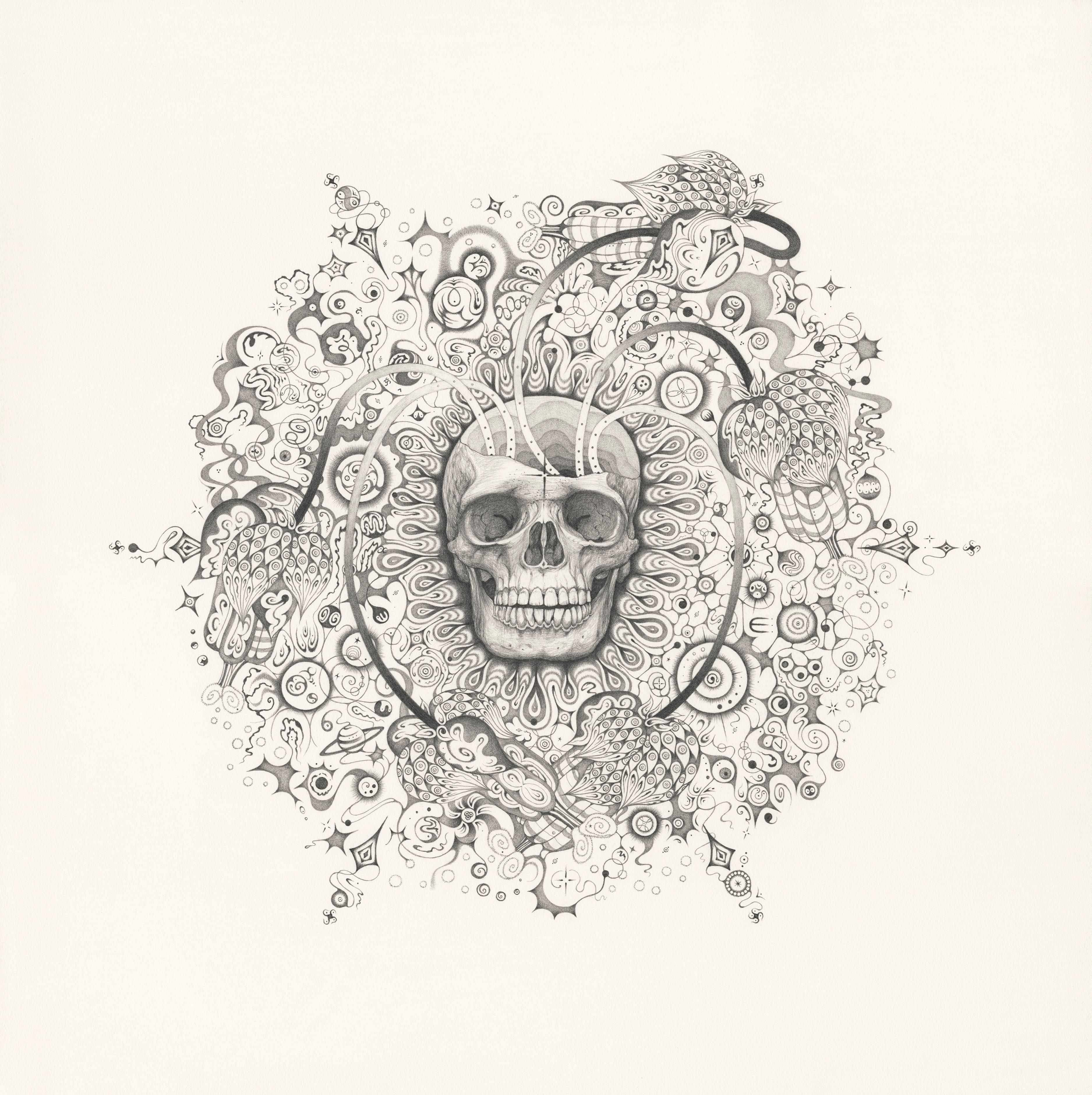 Michiyo Ihara Abstract Drawing - Snowflakes 155 Awareness, Skull and Planets, Graphite Pencil Drawing, Mandala