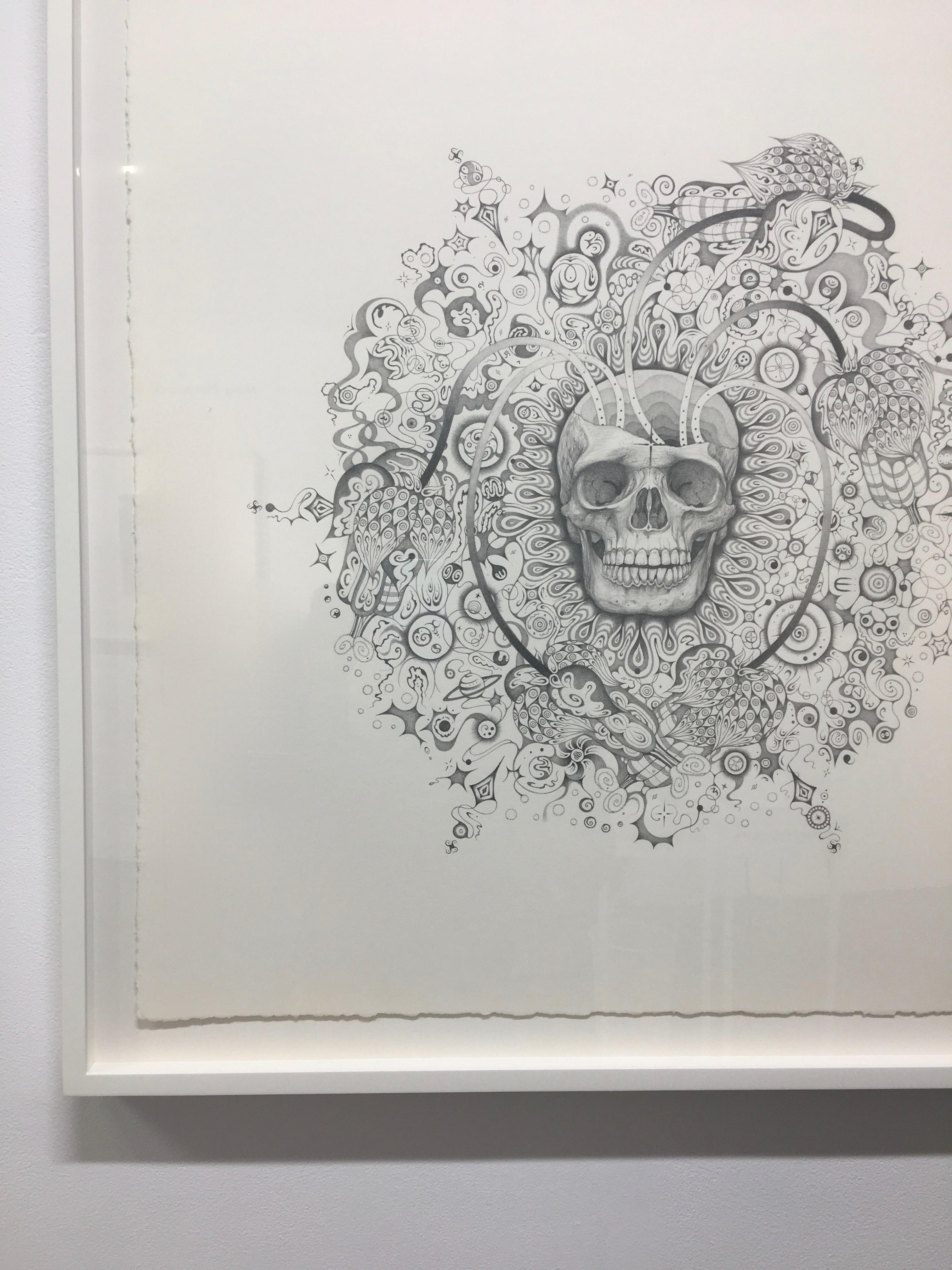 Snowflakes 155 Awareness, Skull and Planets, Graphite Pencil Drawing, Mandala - Contemporary Art by Michiyo Ihara